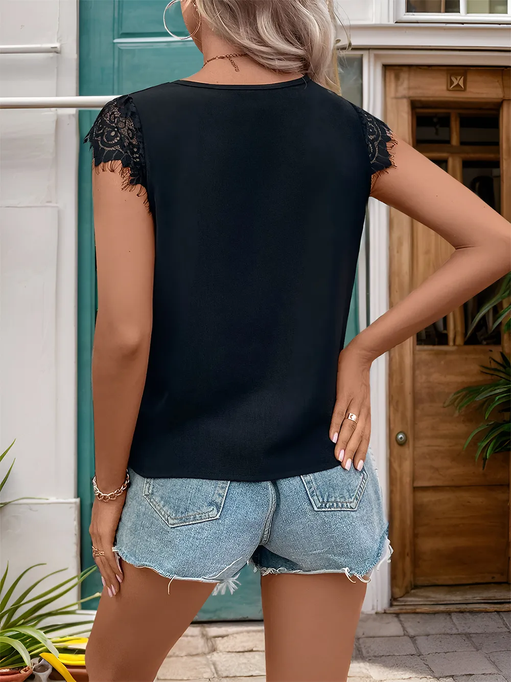 Lace Detail V-Neck Cap Sleeve T-Shirt, image 3