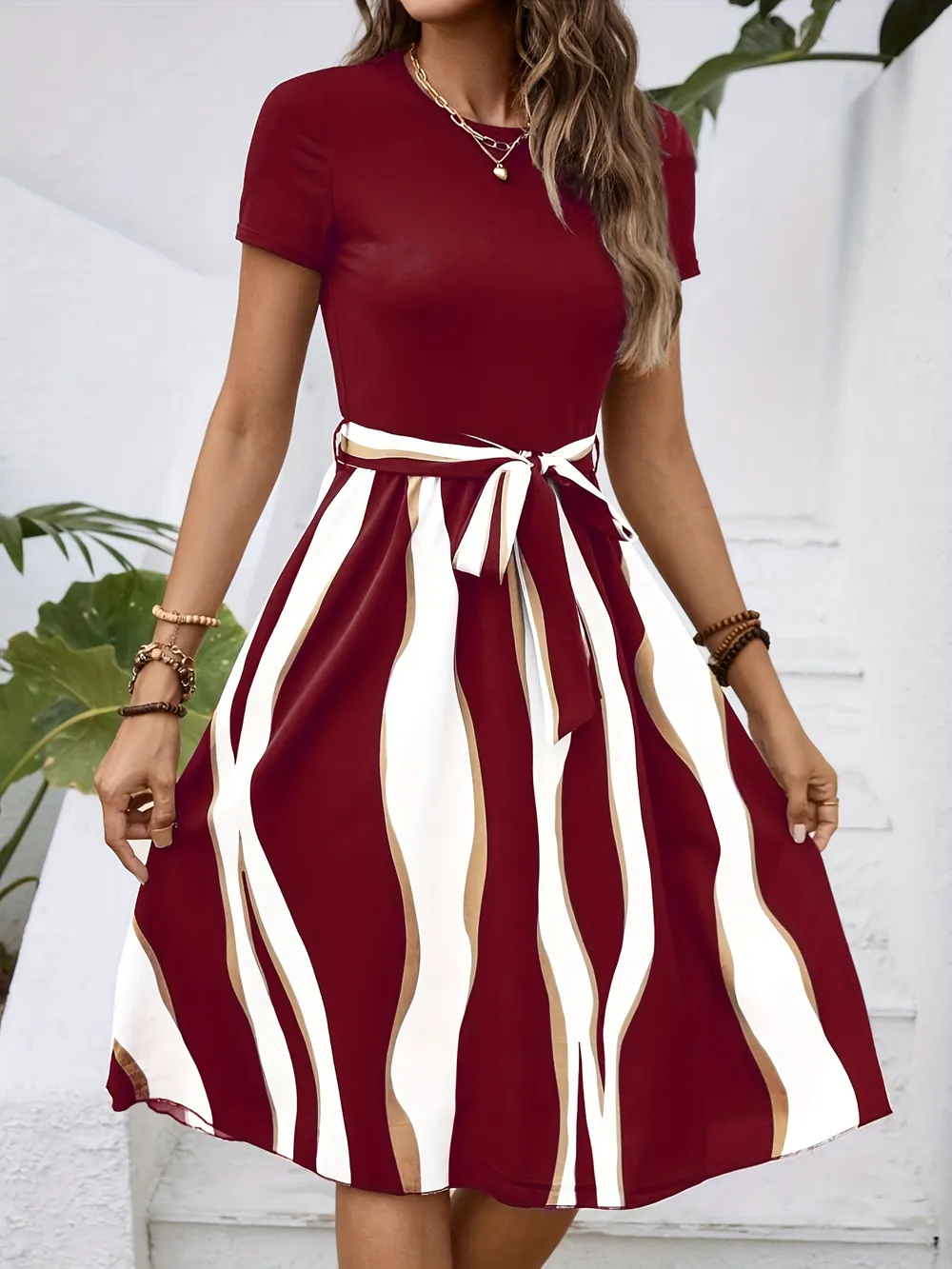 Striped Short Sleeve Tie Waist Dress, image 9