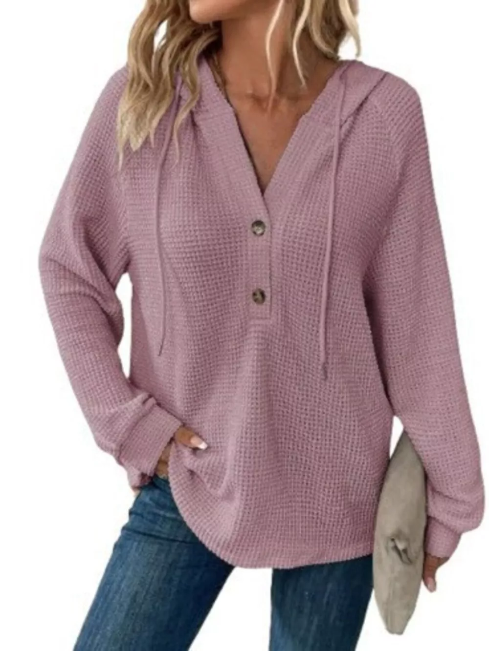Full Size Button Detail Waffle Knit Hoodie Plus Size, image 8