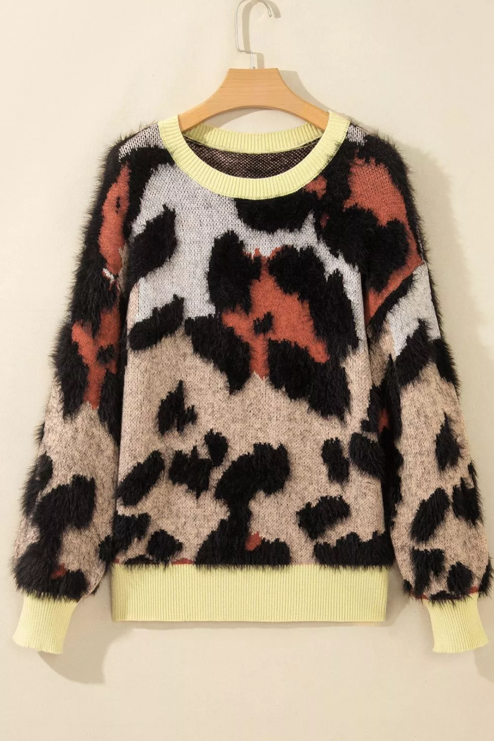 Leopard Print Drop Shoulder Long Sleeve Round Neck Sweater, image 6