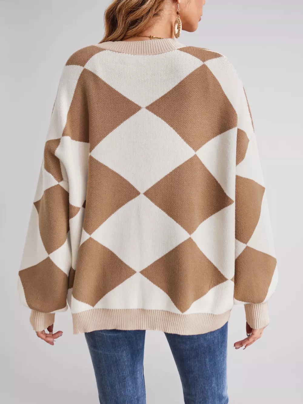 Diamond Pattern Button-Up Knit Cardigan, image 7