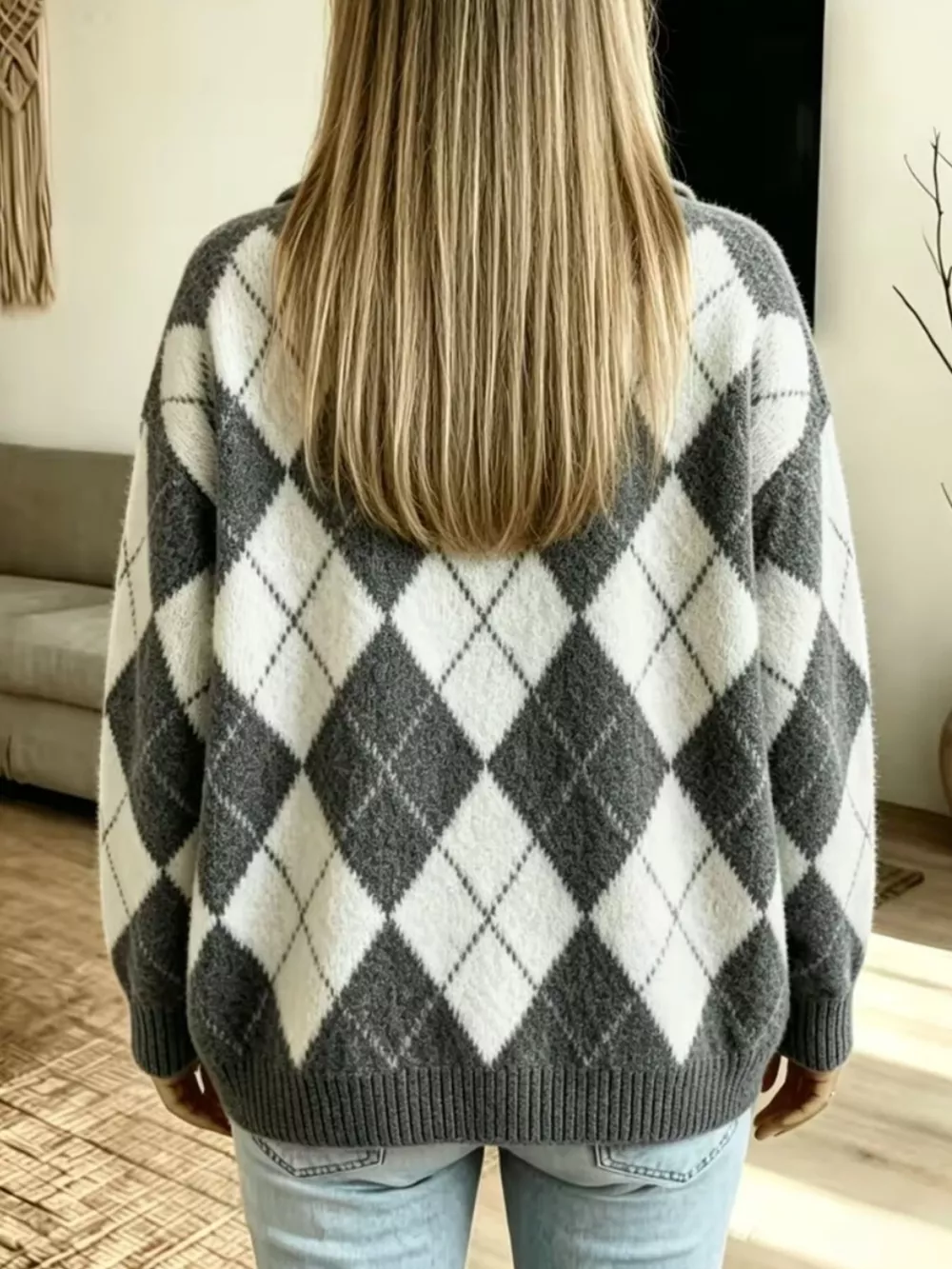 Argyle Pattern Collared Pullover Sweater, image 6