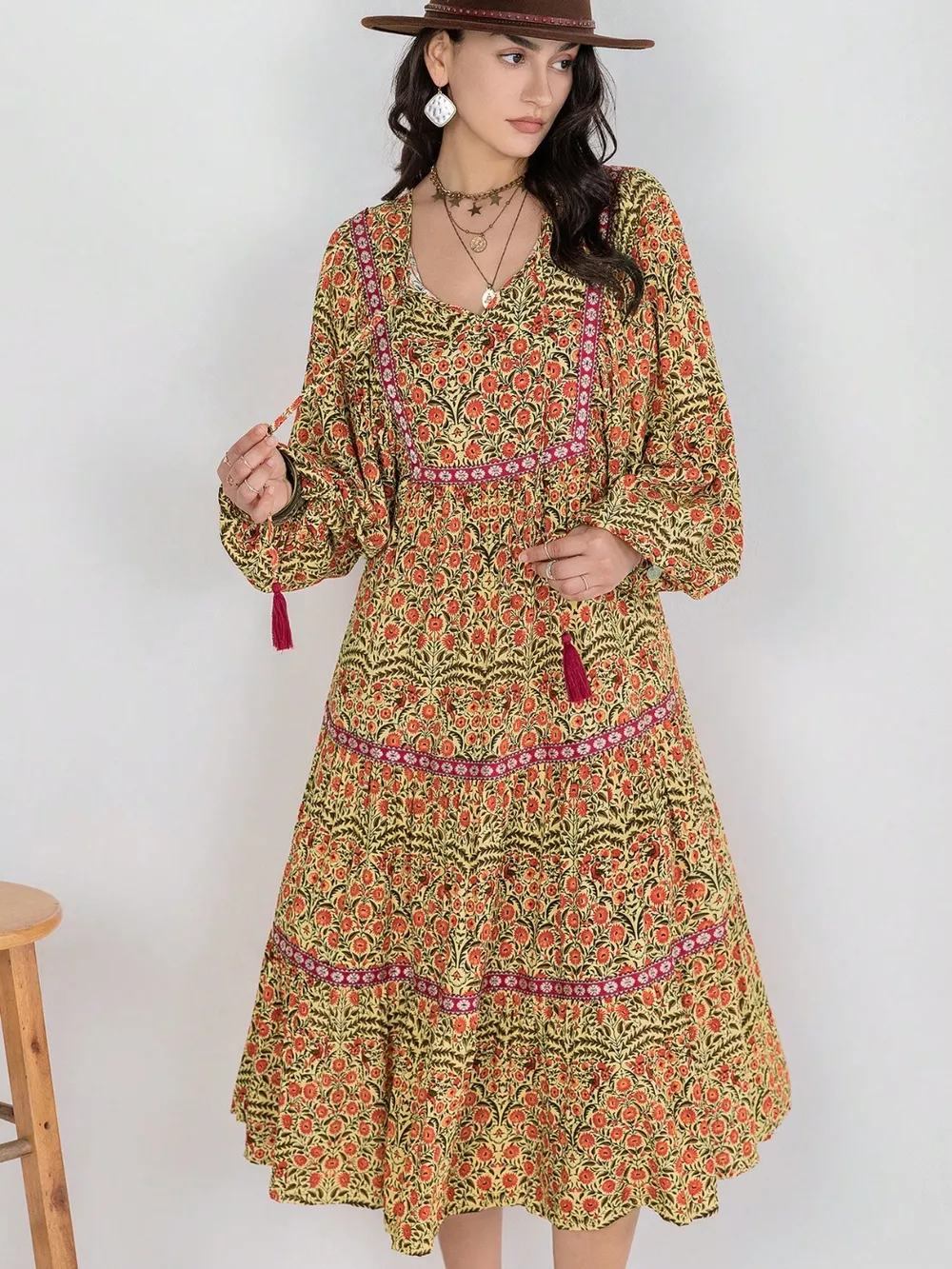 Floral Tiered Midi Dress with Balloon Sleeves, image 3