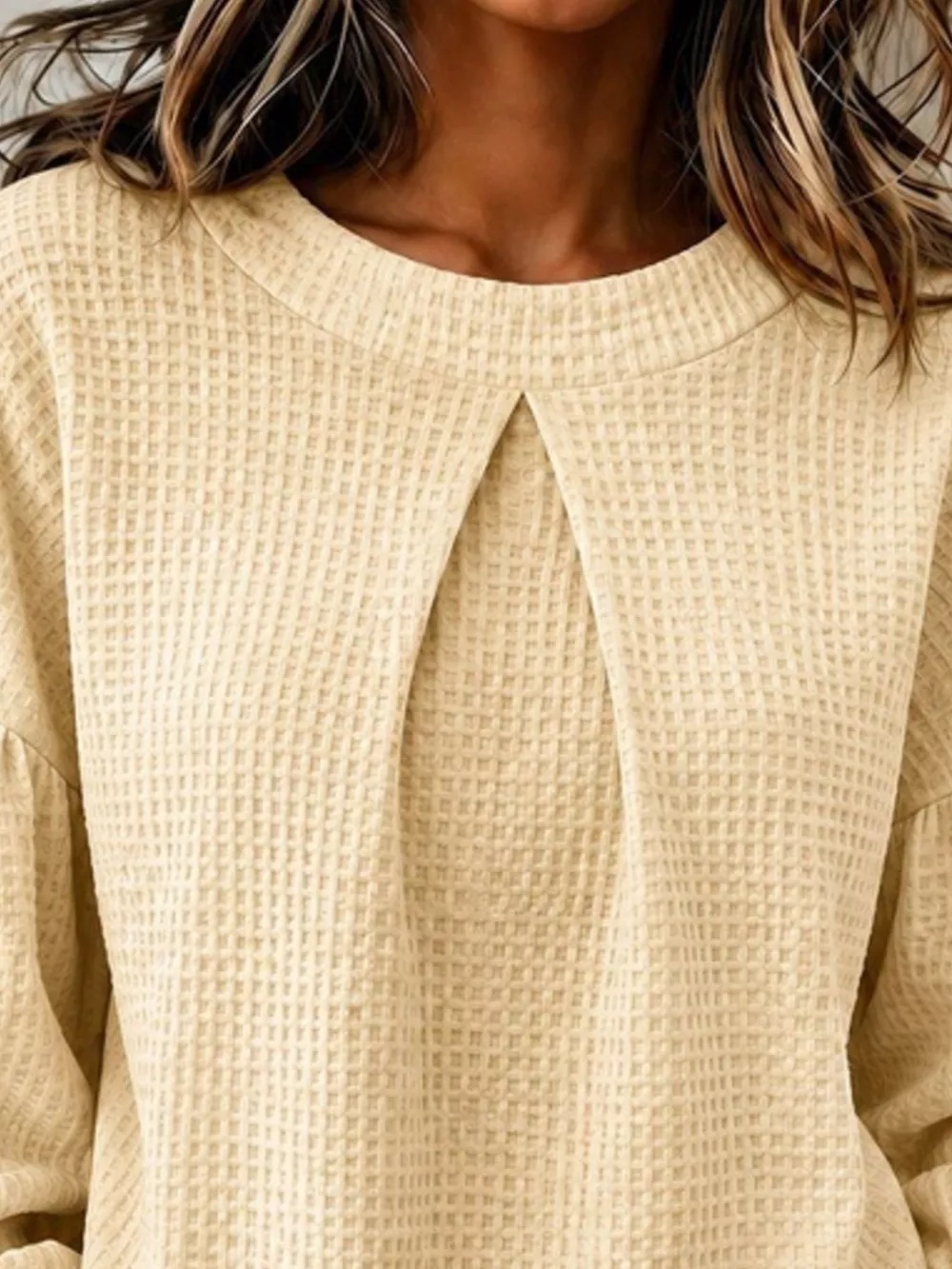 Waffle Knit Round Neck Top, image 2