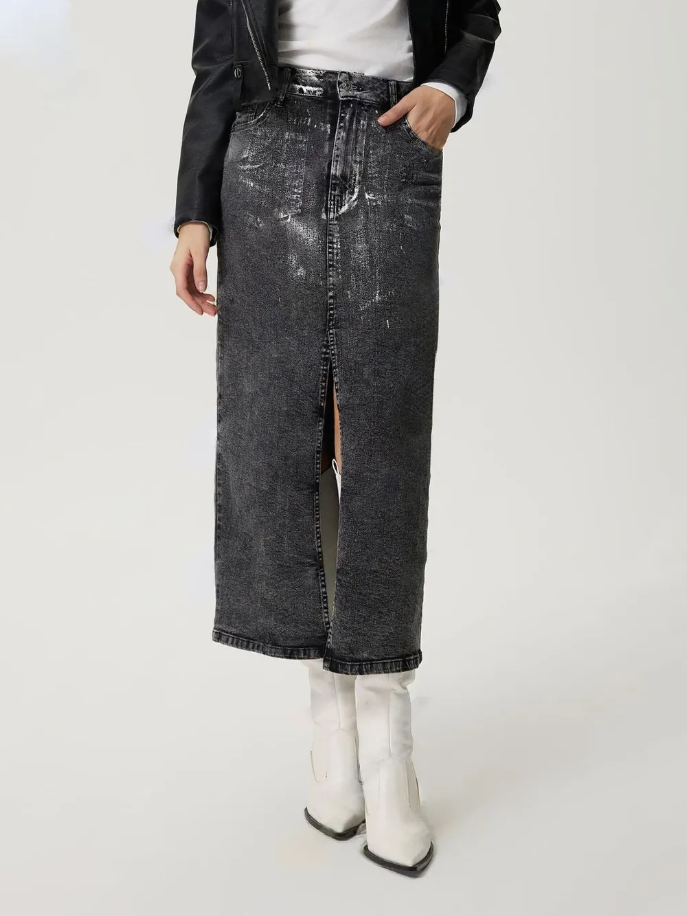 Slit Midi Denim Skirt with Pockets, image 4