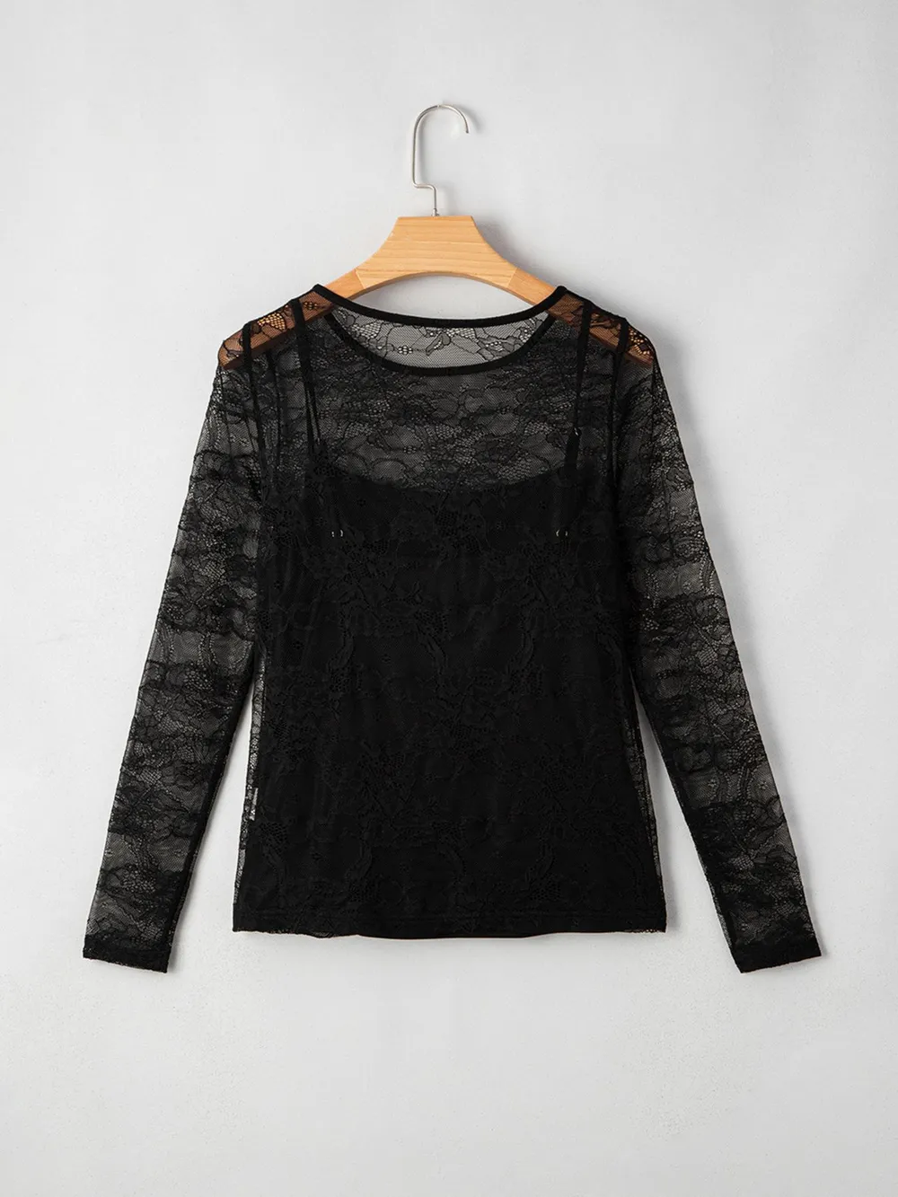 Lace Crochet Mesh Patched Slim Fit Long Sleeve Top, image 2