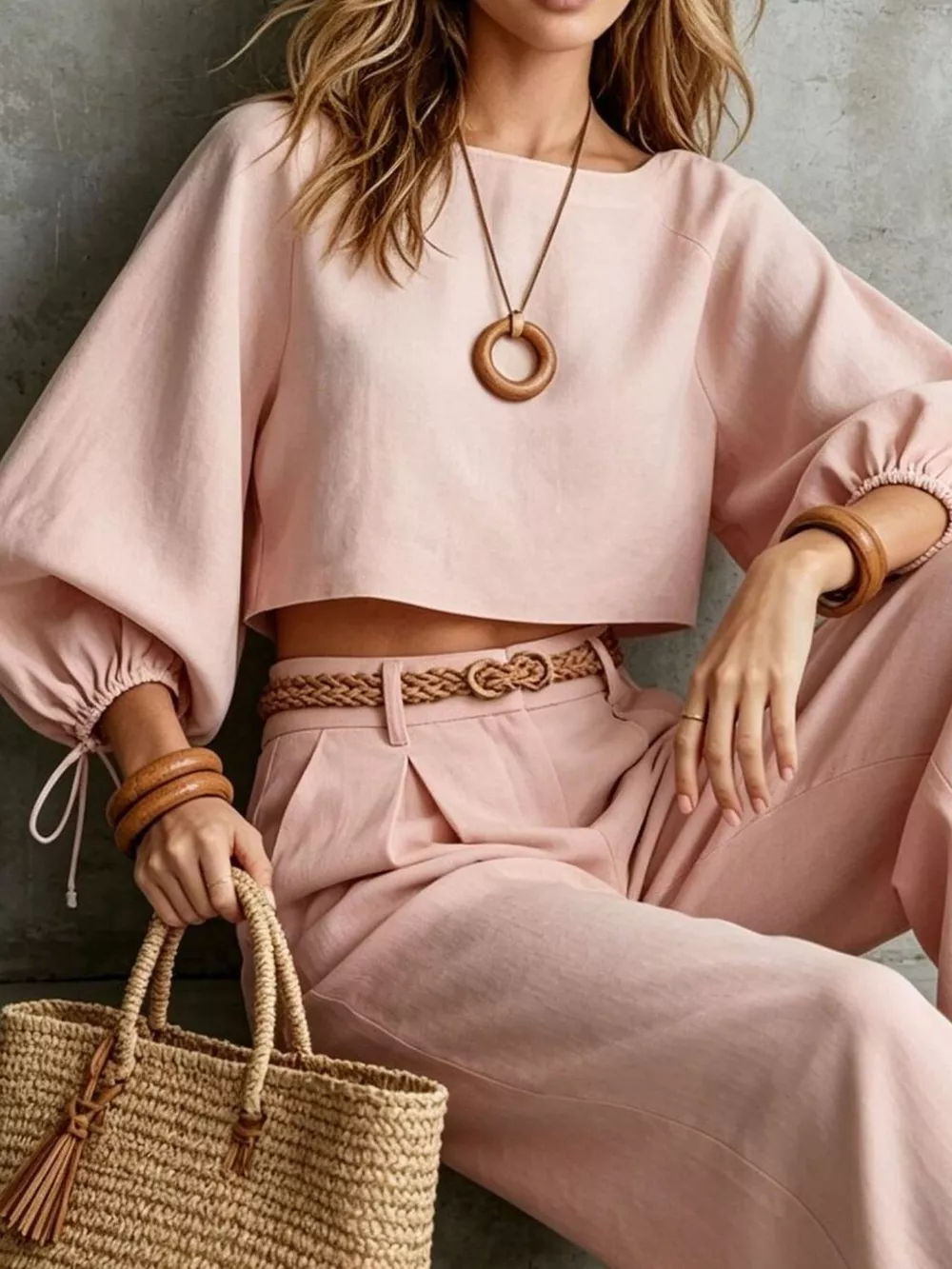 Balloon Sleeve Crop Top and Wide-Leg Pants Set, image 10