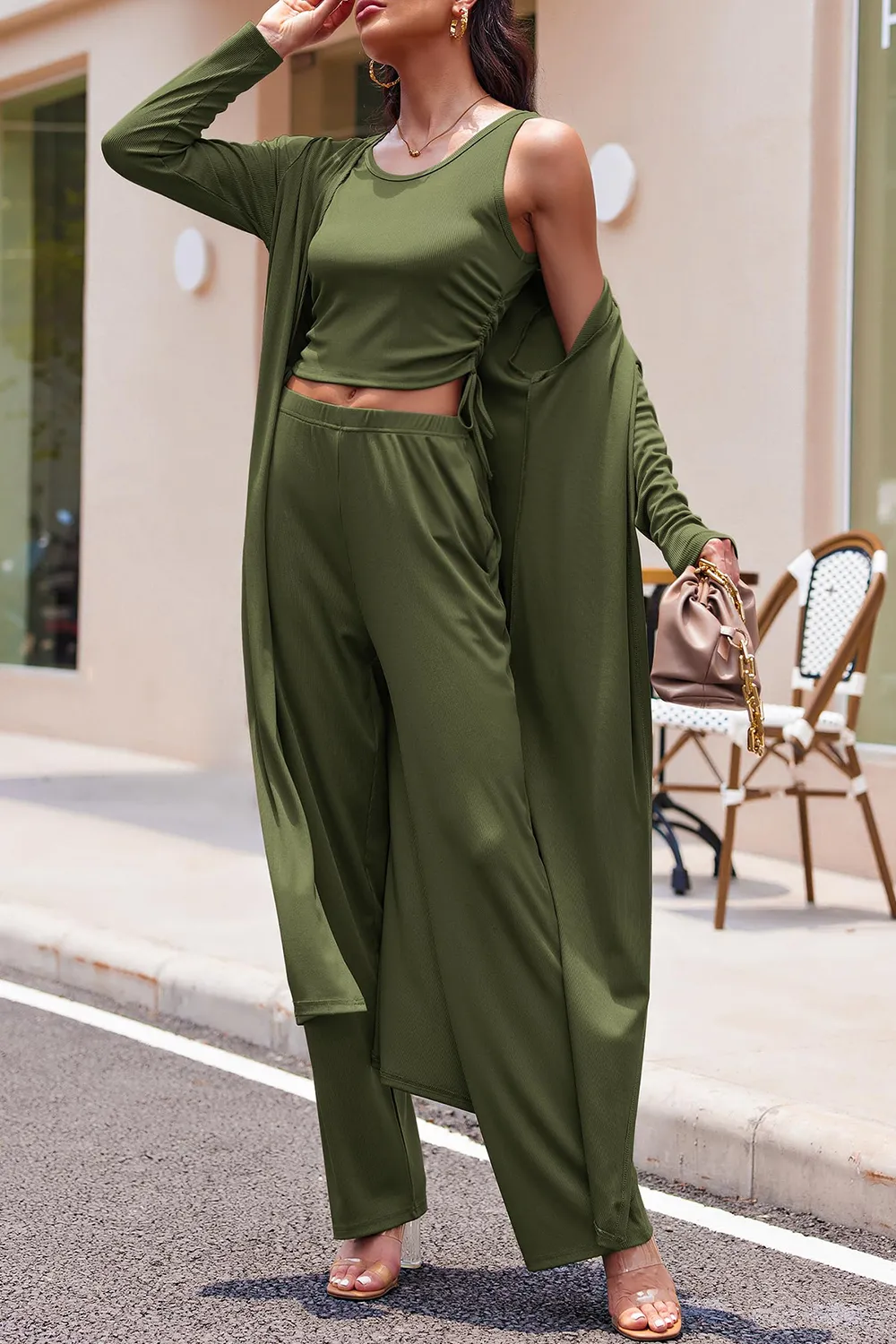 Drawstring Tank, Long Sleeve Cover Up and Pants Set, image 10