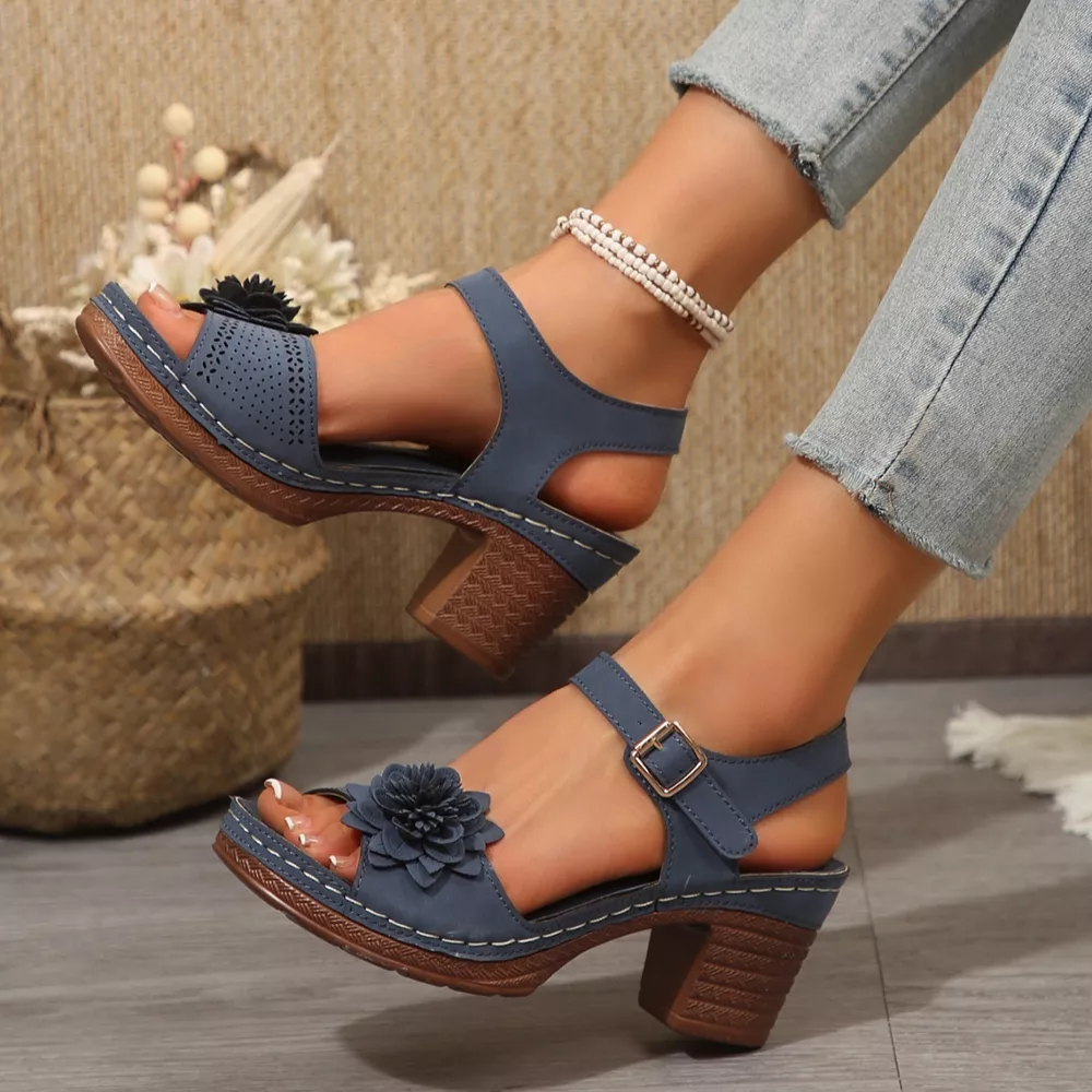 Floral Decor Buckle Ankle Strap Block Heel Sandals, image 4