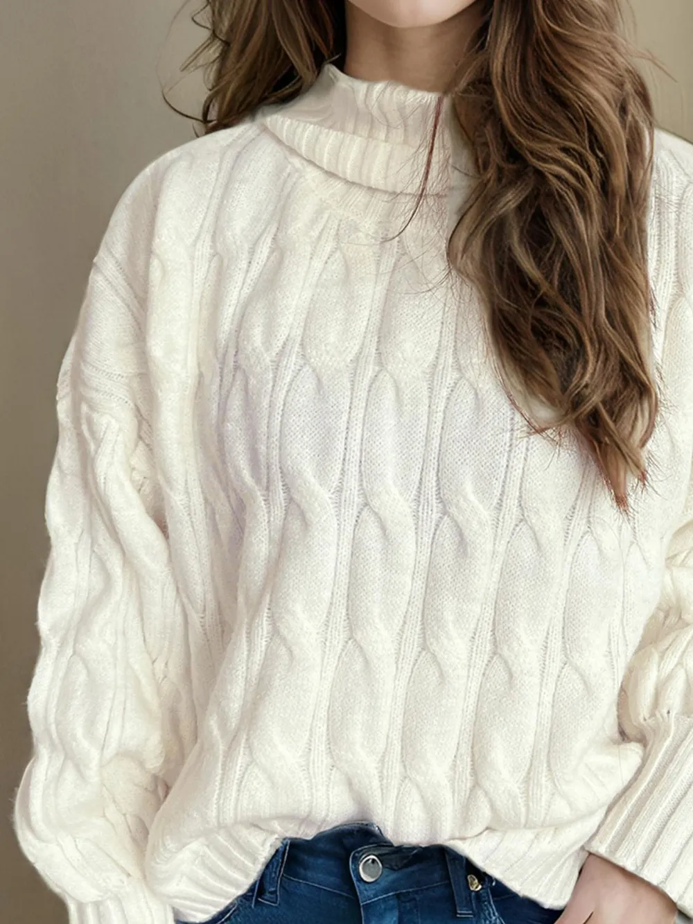 Cable-Knit Turtleneck Long Sleeve Sweater, image 4