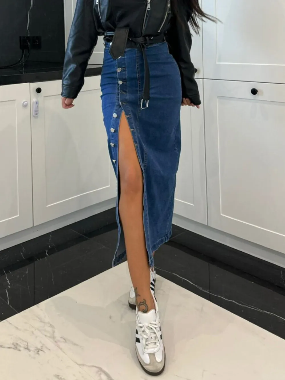 Front Button Slit Midi Denim Skirt, image 4
