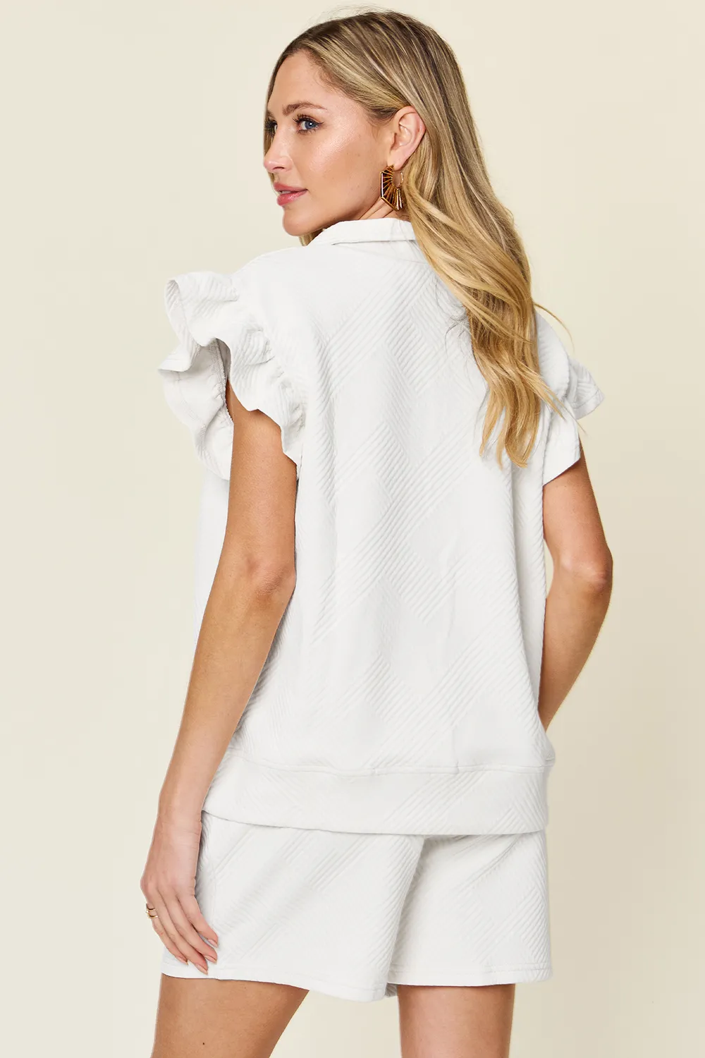 Full Size Texture Flounce Sleeve Top and Drawstring Shorts Set, image 16