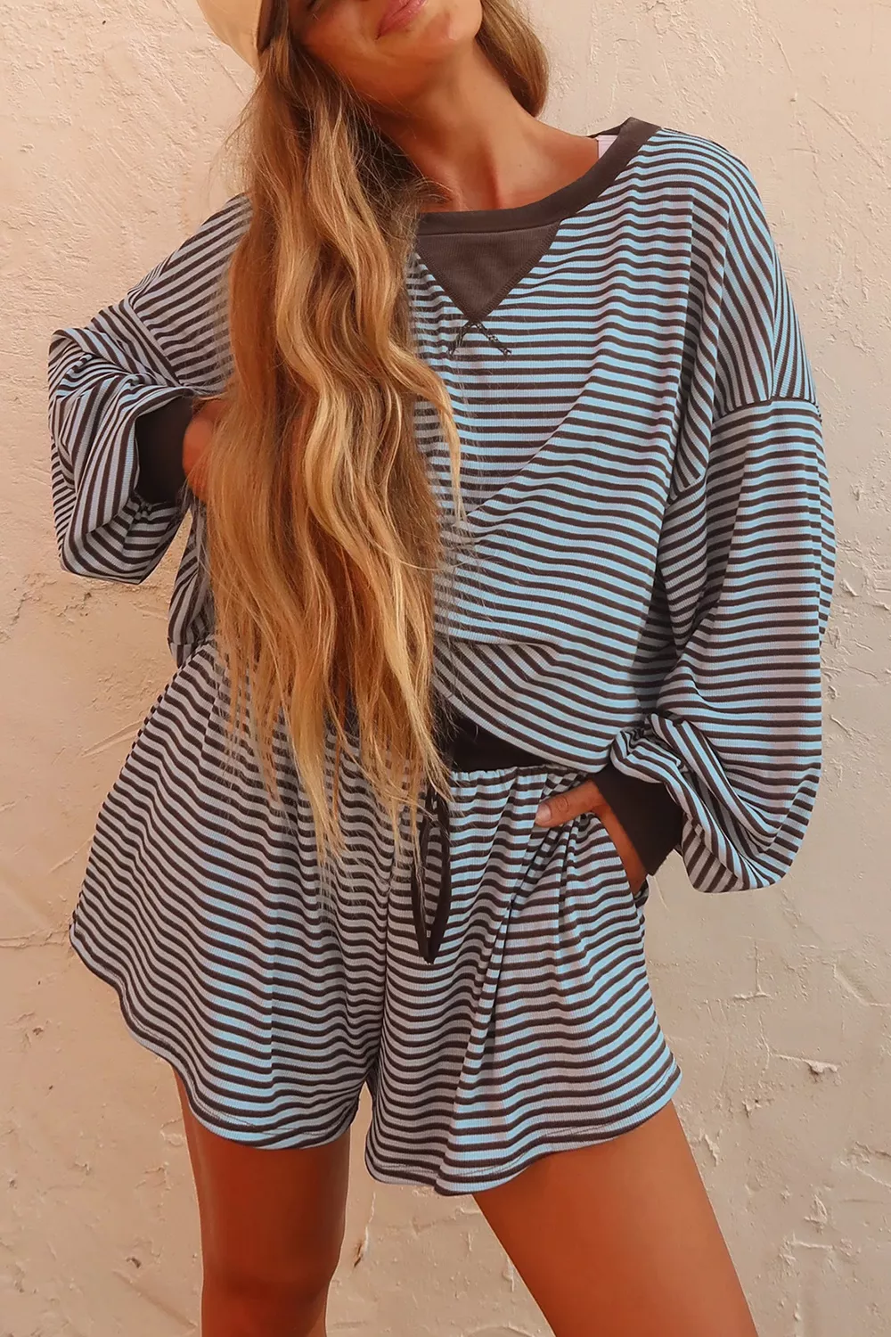 Stripe Oversized Long Sleeve Top Drawstring Loose Shorts 2pcs Set, image 4