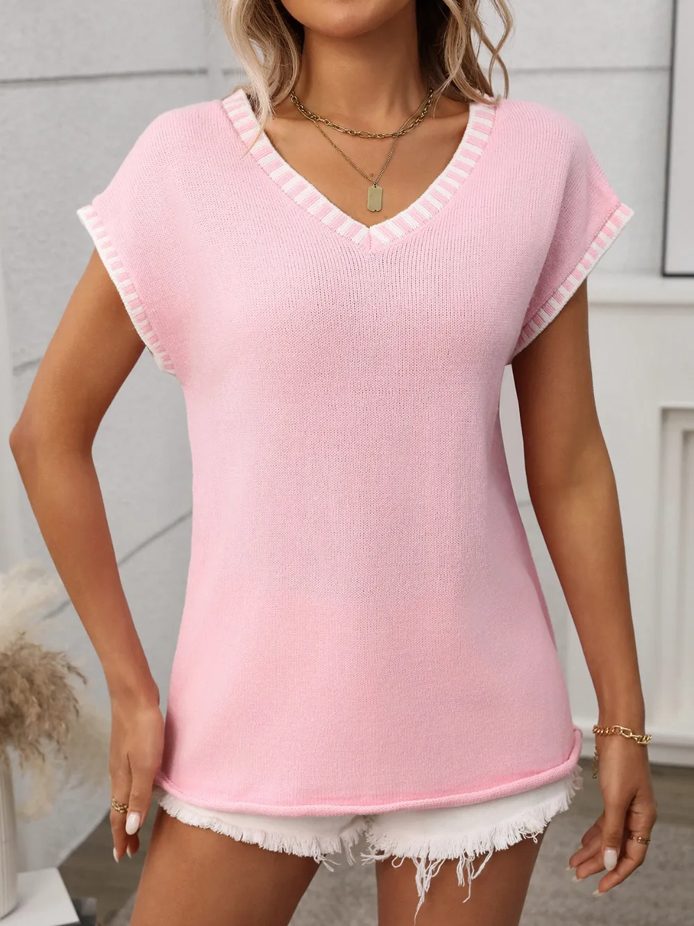 Contrast Trim V-Neck Short Sleeve Knit Top, image 12