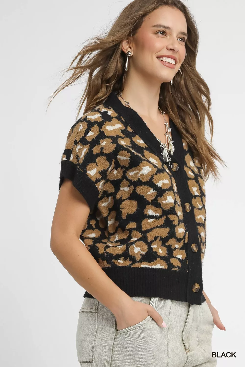 Leopard Button Down Short Sleeve Cardigan, image 3