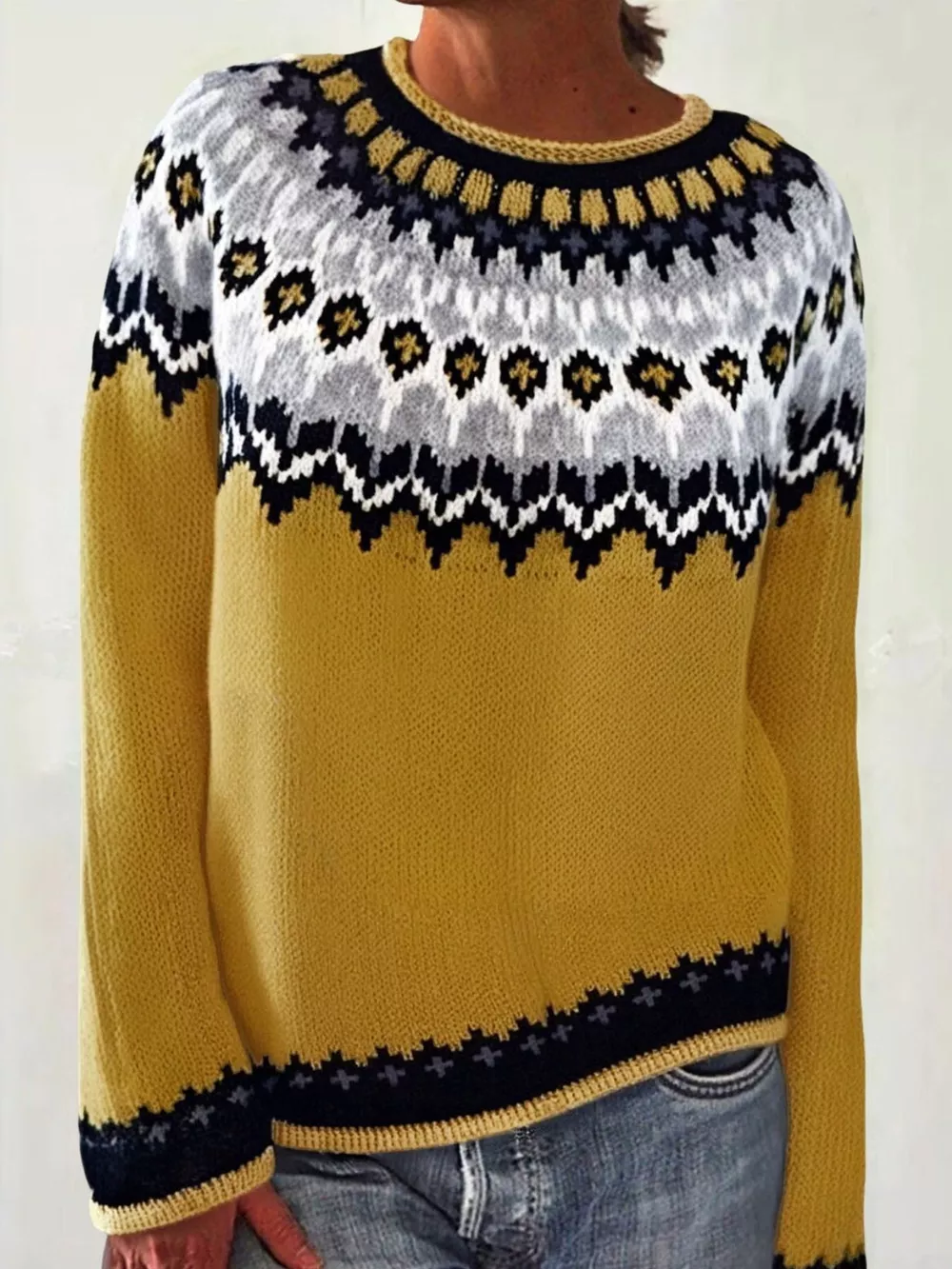 Full Size Vintage Patterned Round Neck Sweater Plus Size, image 25