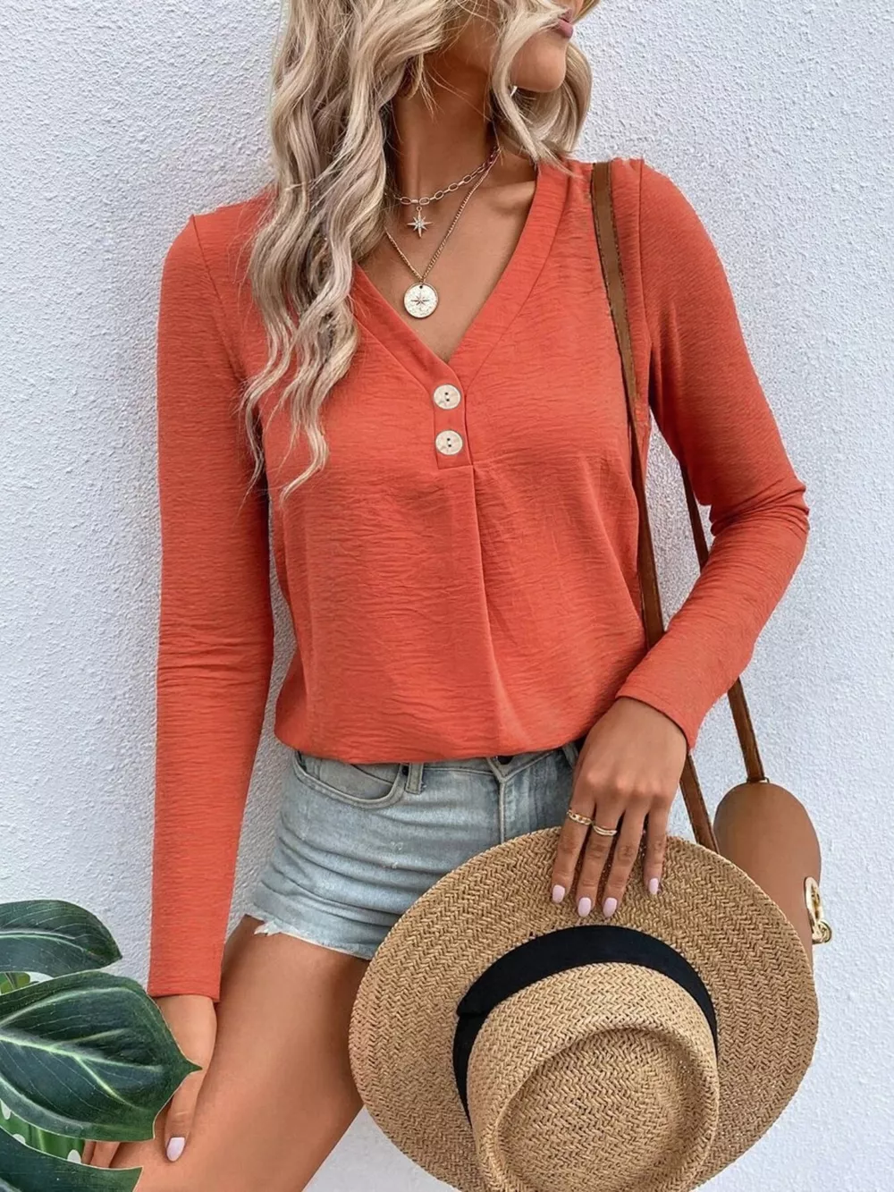 Full Size V-Neck Decor Button Long Sleeve T-Shirt Plus Size, image 15