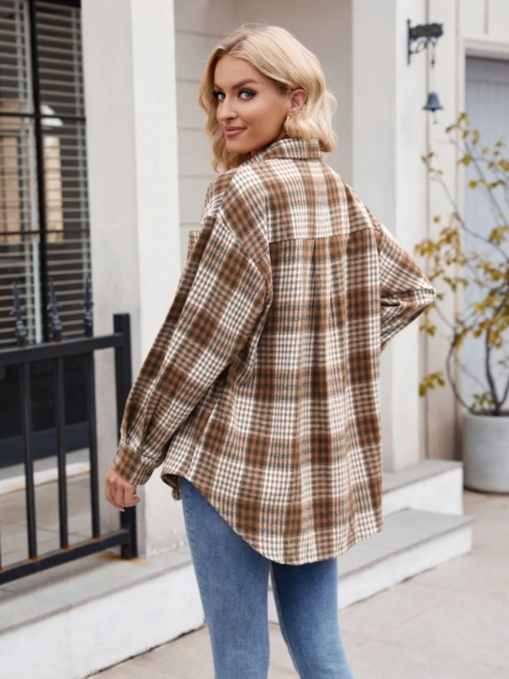 Pocketed Plaid Collared Neck Long Sleeve Shirt, image 6