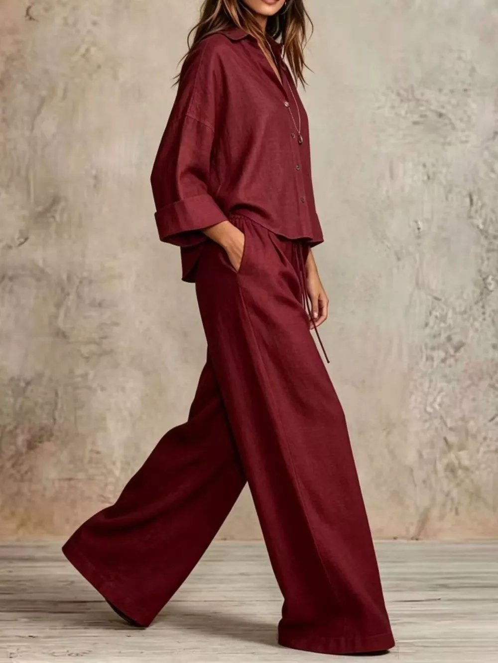 Full Size Button-Down Shirt and Wide-Leg Pants Set Plus Size, image 10