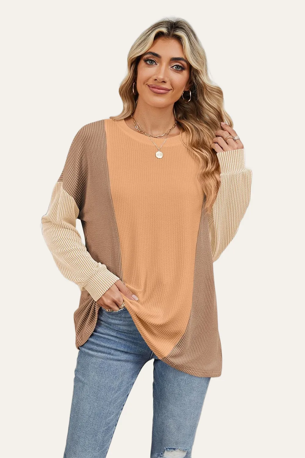 Texture Contrast Round Neck Long Sleeve T-Shirt, image 14