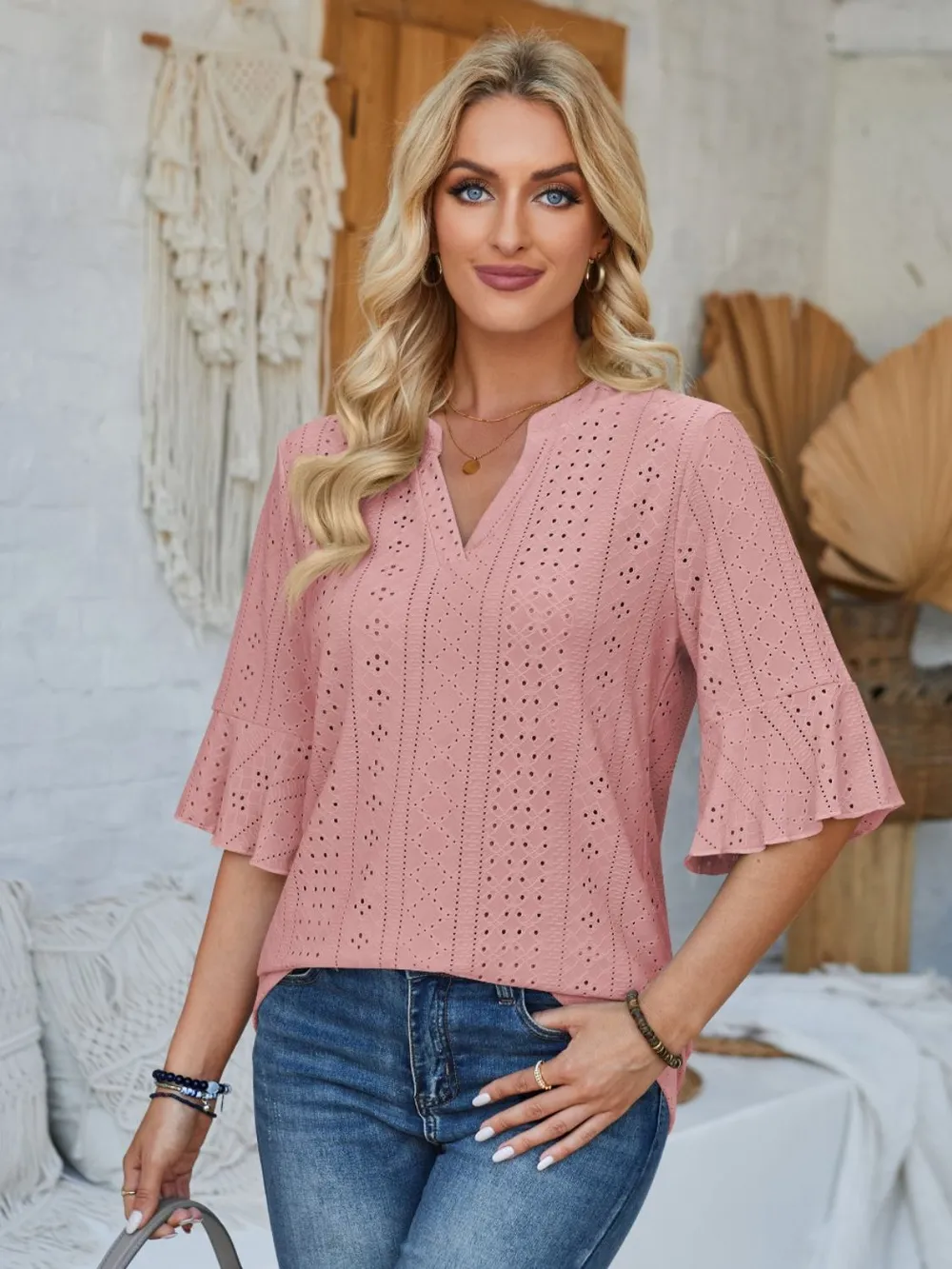Eyelet Notched Half Sleeve T-Shirt, image 17