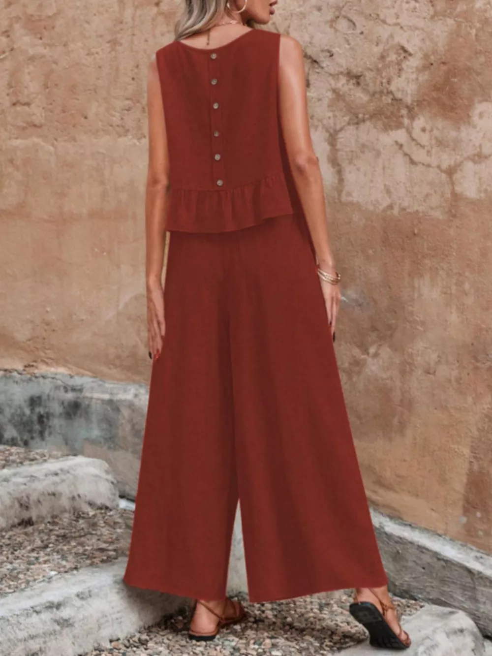 Sleeveless Ruffle Hem Top and Wide Leg Pants Two-Piece Set, image 19