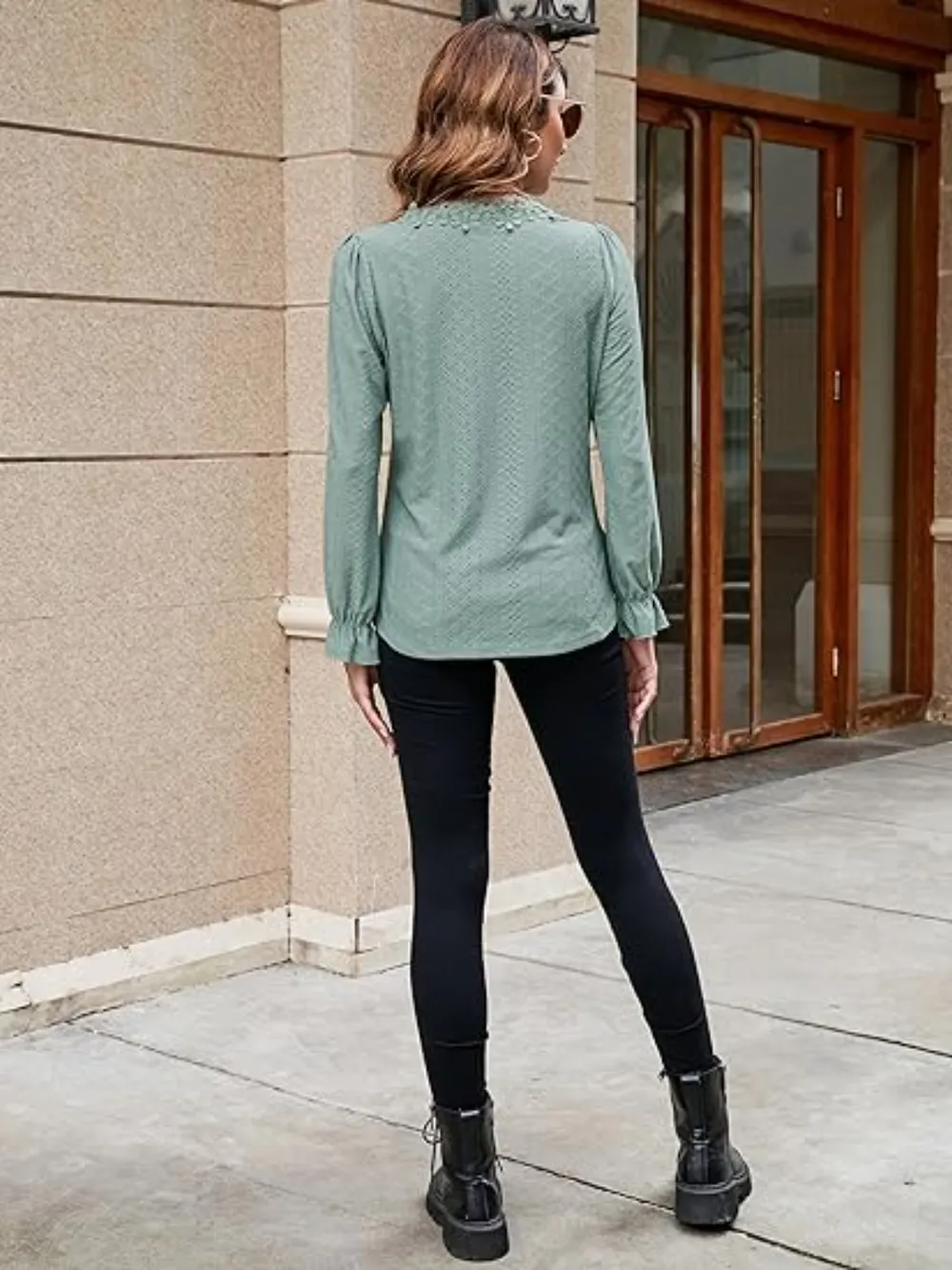 Lace Detail Eyelet V-Neck Flounce Sleeve Blouse, image 9