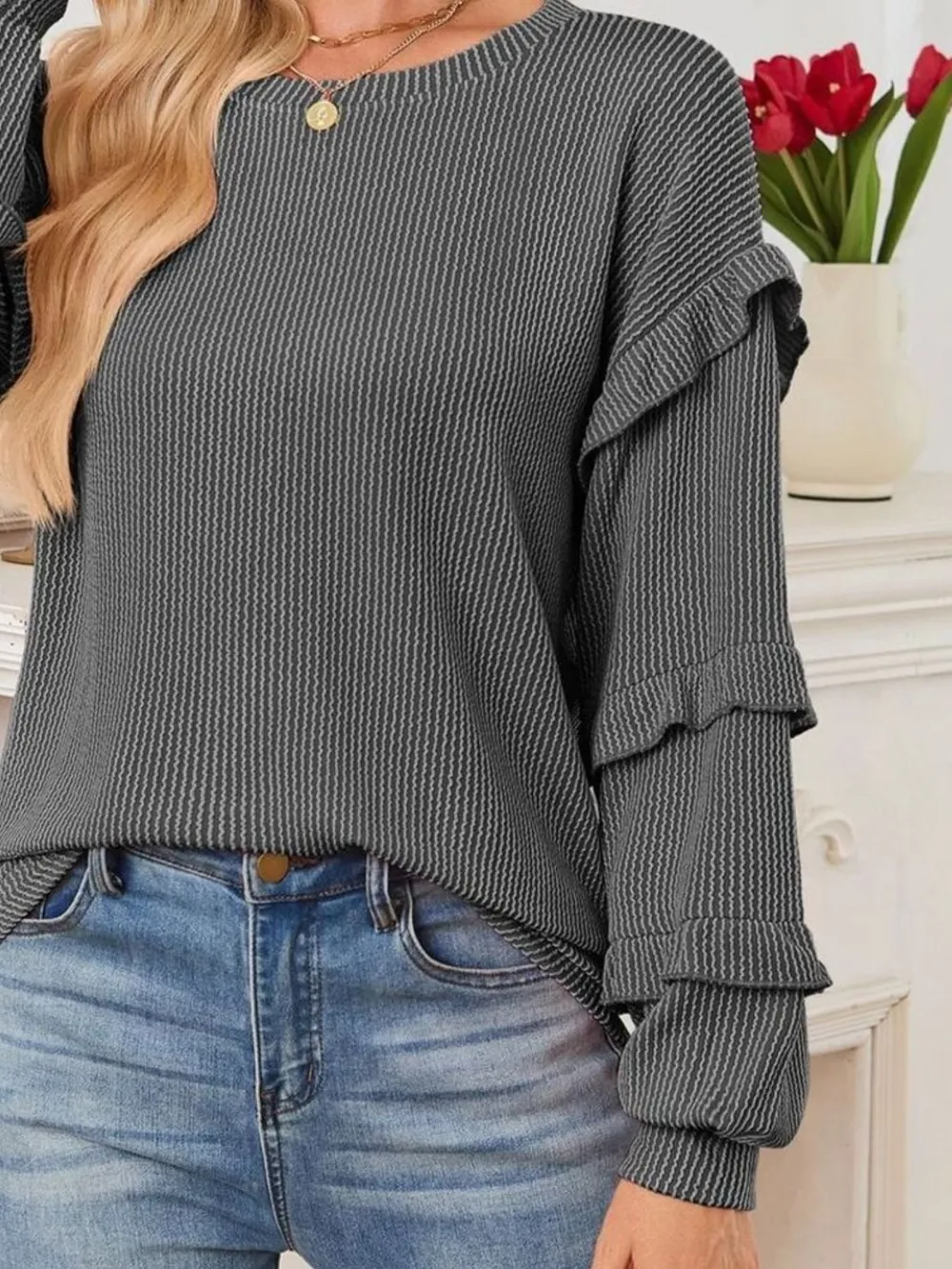 Ruffled Round Neck Long Sleeve Sweatshirt, image 6