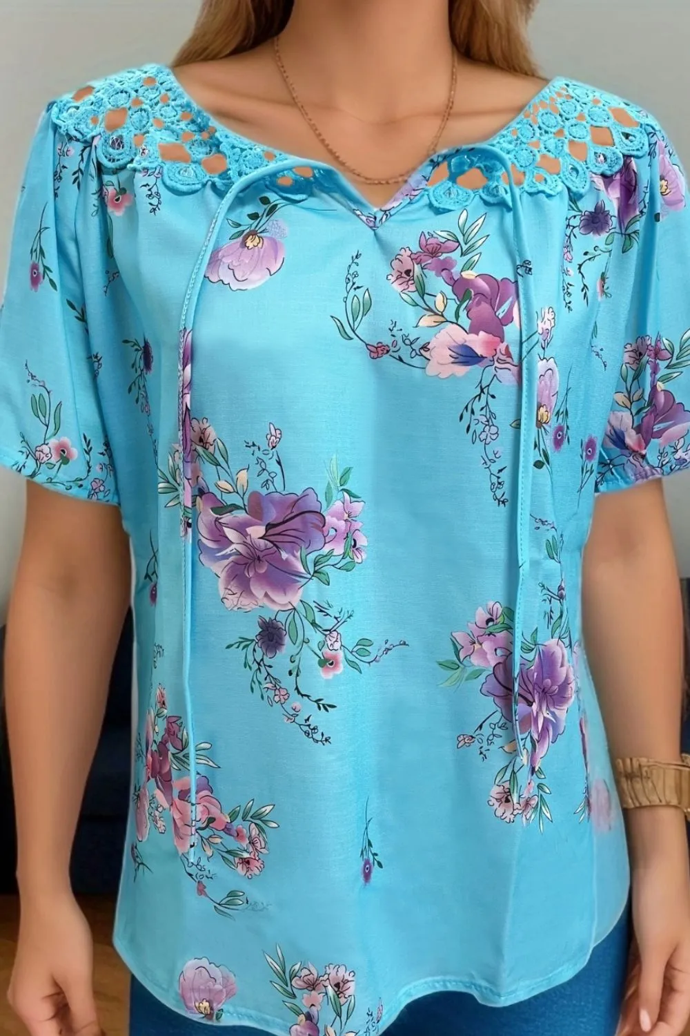 Full Size Printed Tie Neck Short Sleeve Blouse, image 8