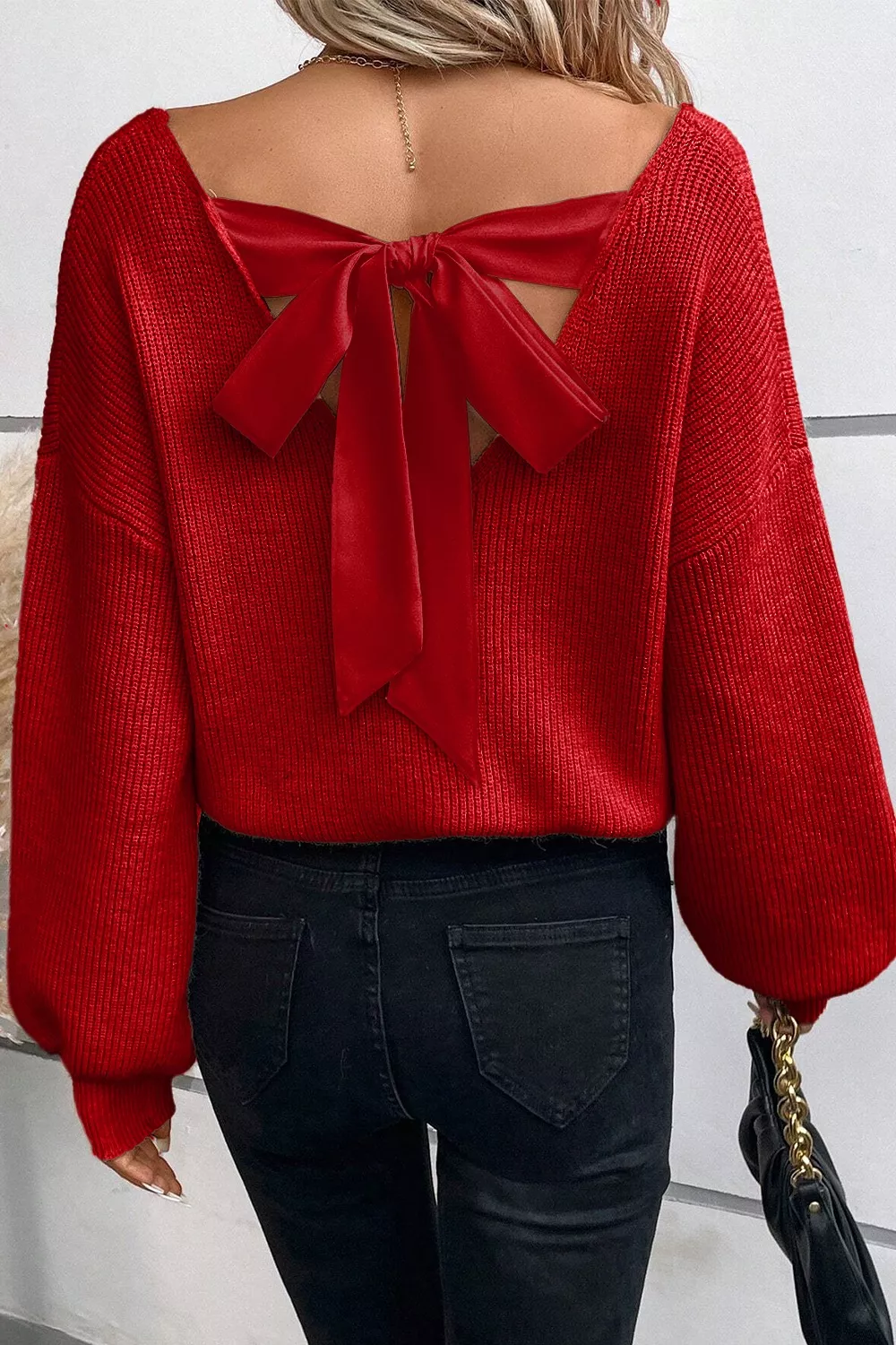 Lantern Sleeve V Neck Knot Back Sweater, image 6