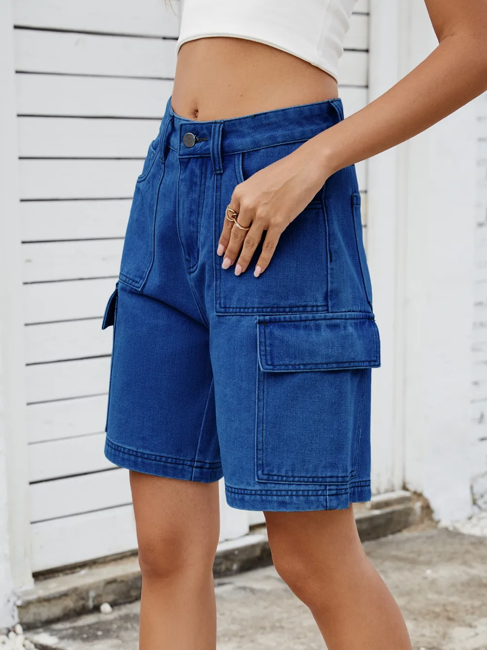 High Waist Denim Shorts with Cargo Pockets, image 5