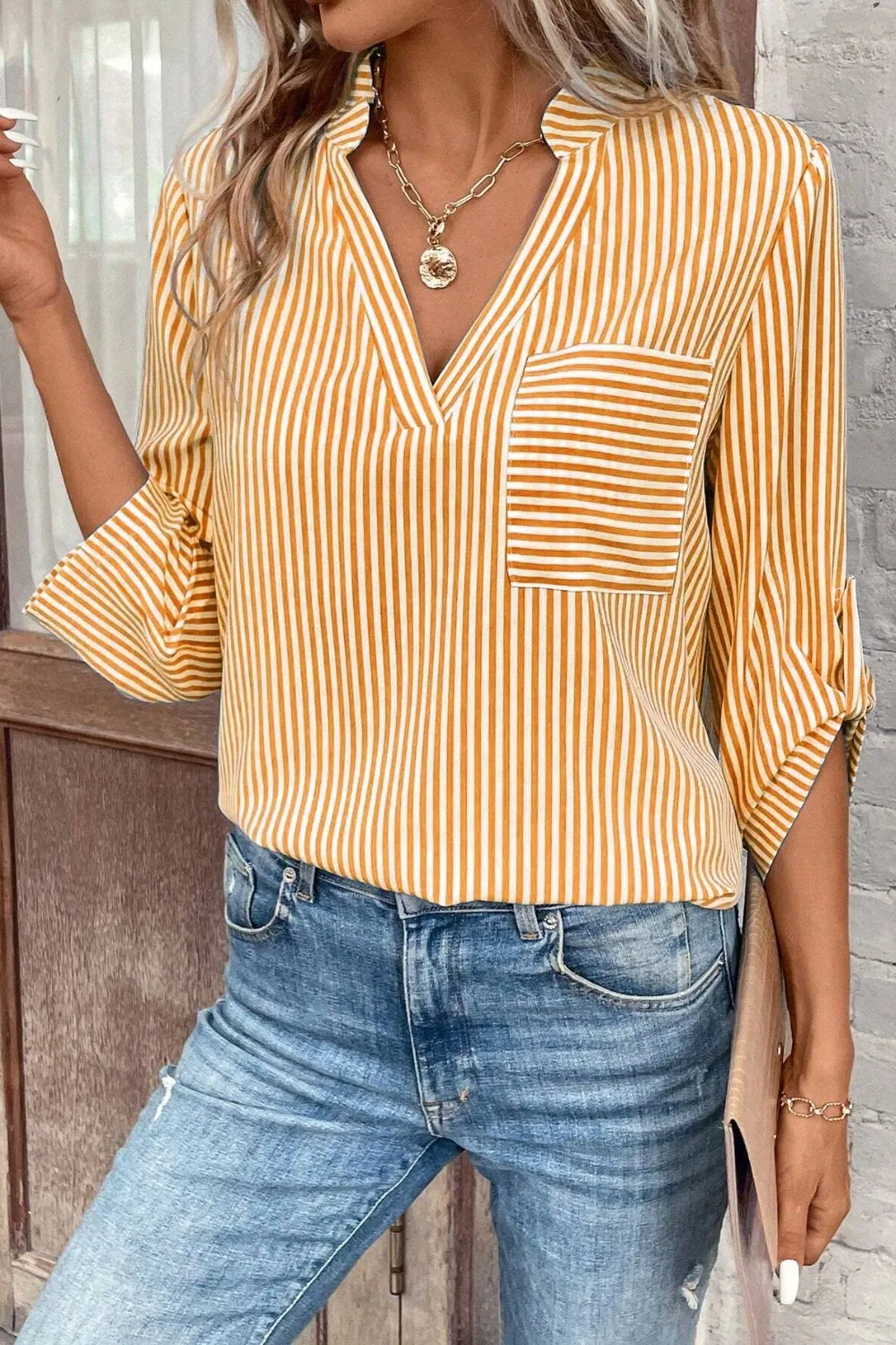 Striped Notched Roll-Tab Sleeve Shirt, image 6
