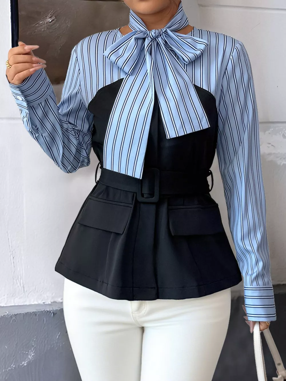 Striped Long Sleeve Blouse with Bow Tie, image 3