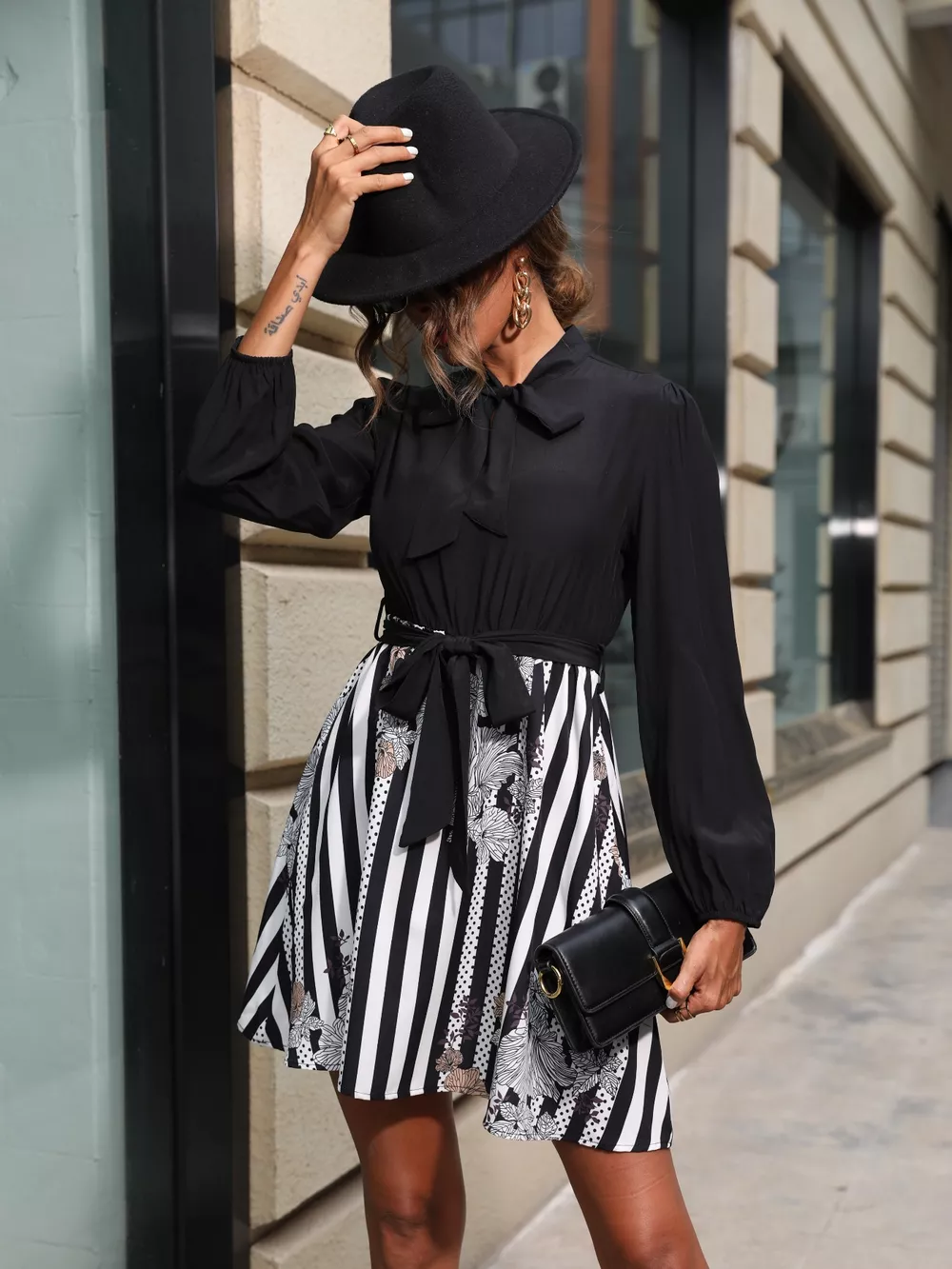 Striped Tie Front Long Sleeve Mini Dress, image 3