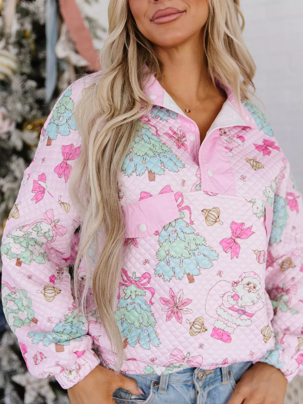 Christmas Print Collar Half Button Loose Sweatshirt, image 5
