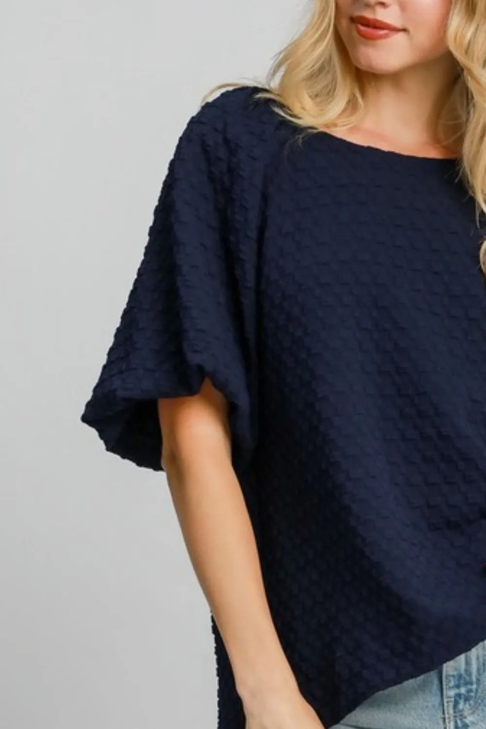 Full Size Boxy Cut Jacquard Round Neck Top with Side Slit Plus Size, image 2