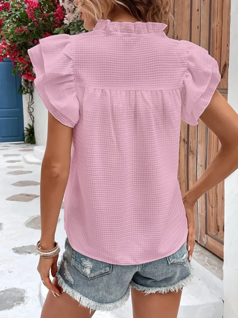Ruffled Notched Cap Sleeve Blouse, image 9