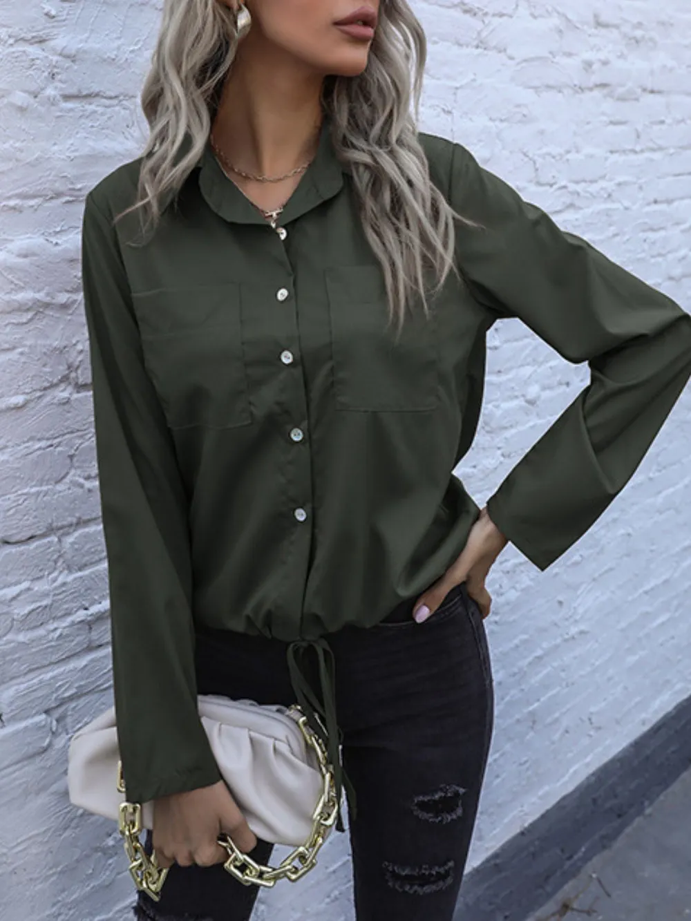 Tied Hem Button Down Long Sleeve Shirt, image 4