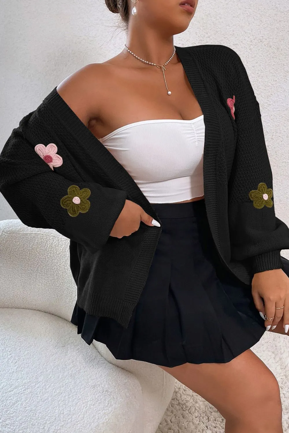 Floral Applique Drop Shoulder Open Front Cardigan, image 10