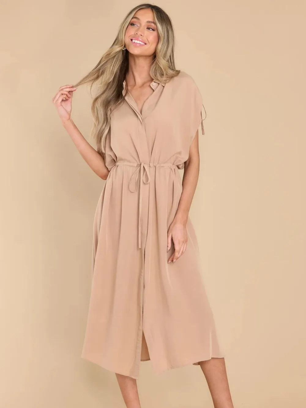 Drawstring Collared Neck Short Sleeve Midi Dress, image 3