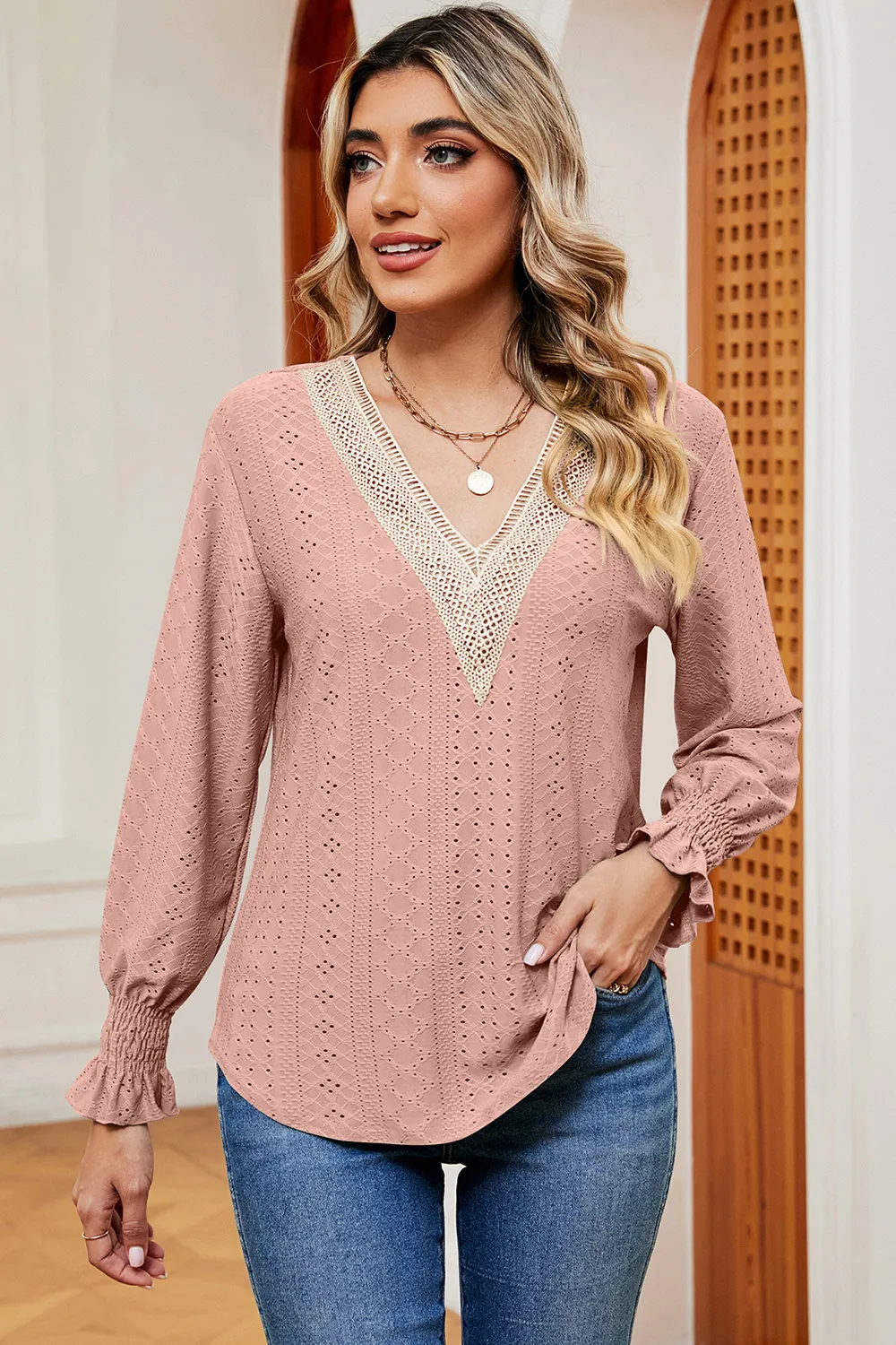 Eyelet V-Neck Flounce Sleeve T-Shirt, image 13