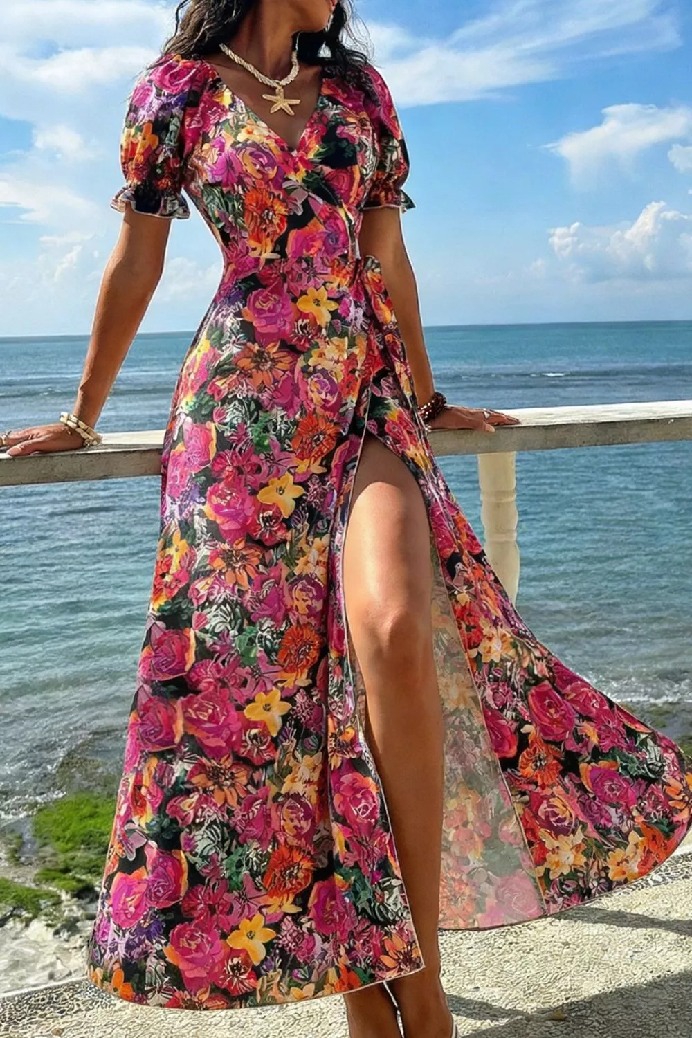 Slit Floral Short Sleeve Maxi Dress, image 3