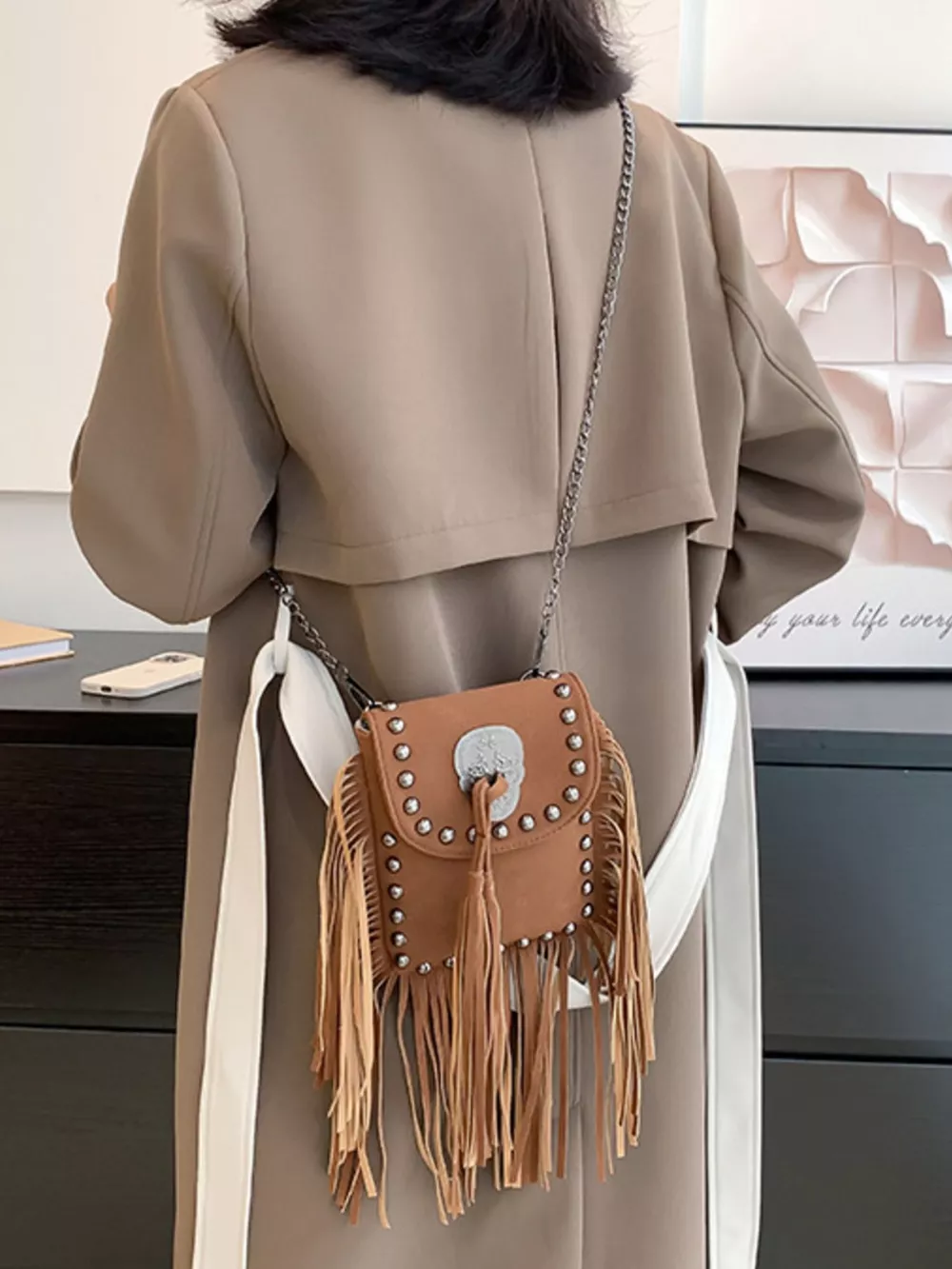 Fringe Rivet Decor Crossbody Bag, image 5