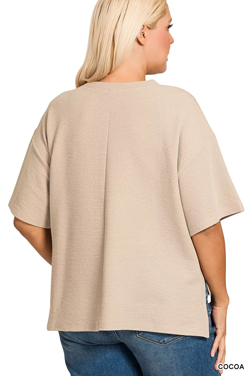 Full Size Double Knit Side Slits Hi Low Short Sleeve Top Plus Size, image 4