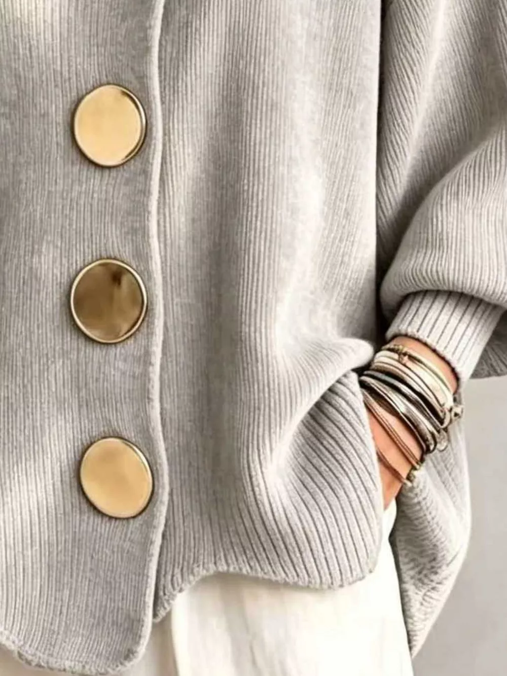Full Size Ribbed Knit Gold Buttons Cardigan Plus Size, image 30