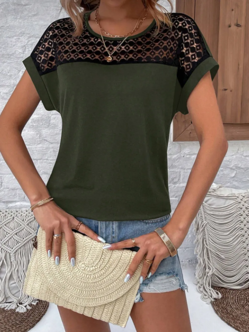 Lace Round Neck Short Sleeve T-Shirt, image 4