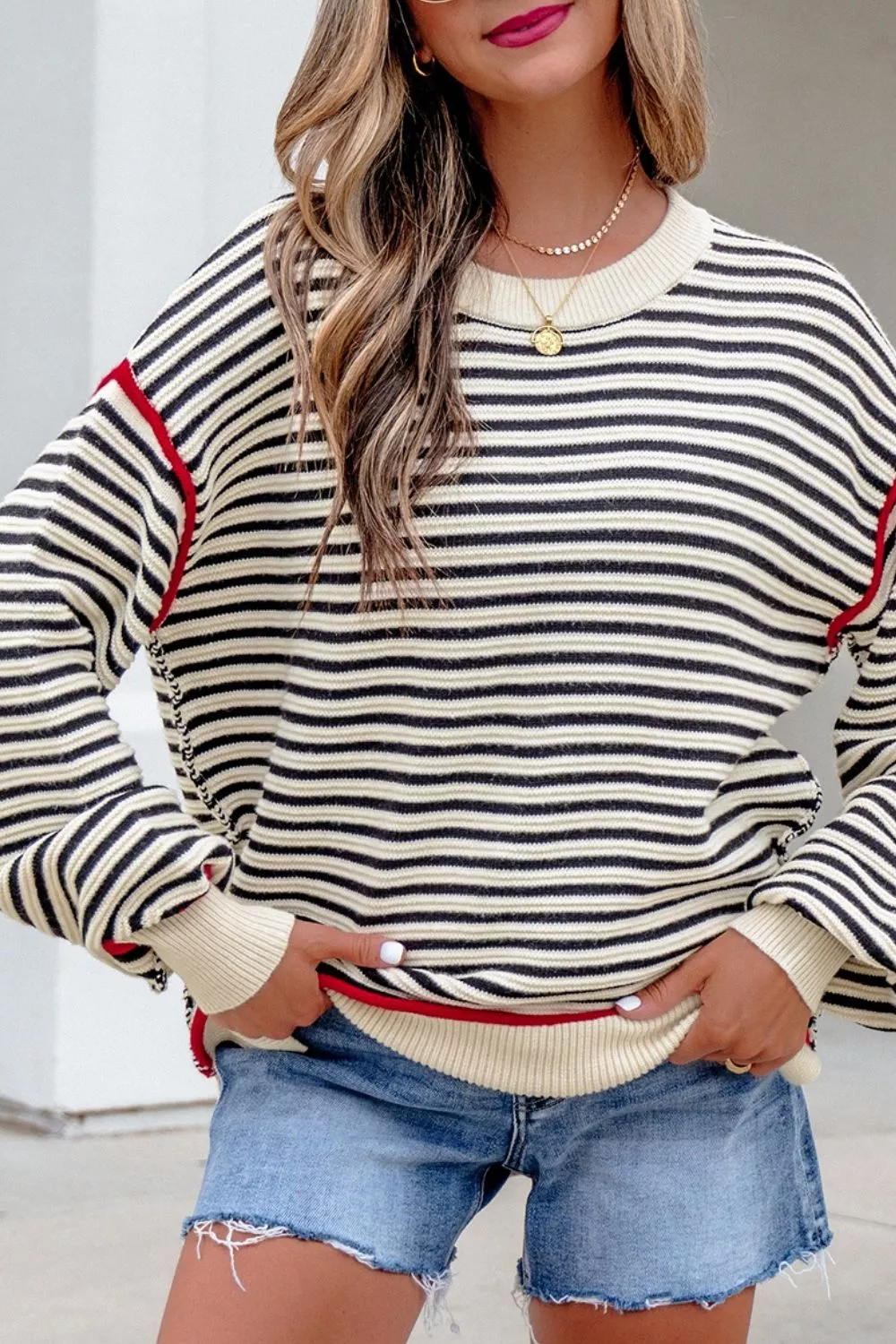 Stripe Ribbed Trim Drop Shoulder Oversized Sweater, image 6