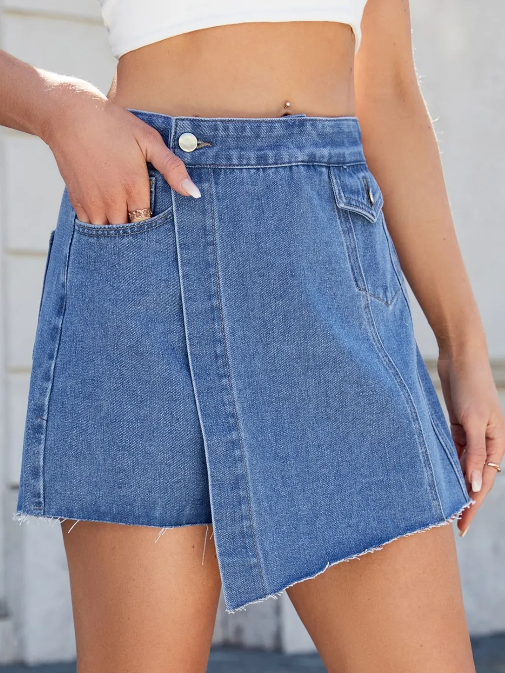 Frayed Hem Asymmetrical Denim Skort, image 4