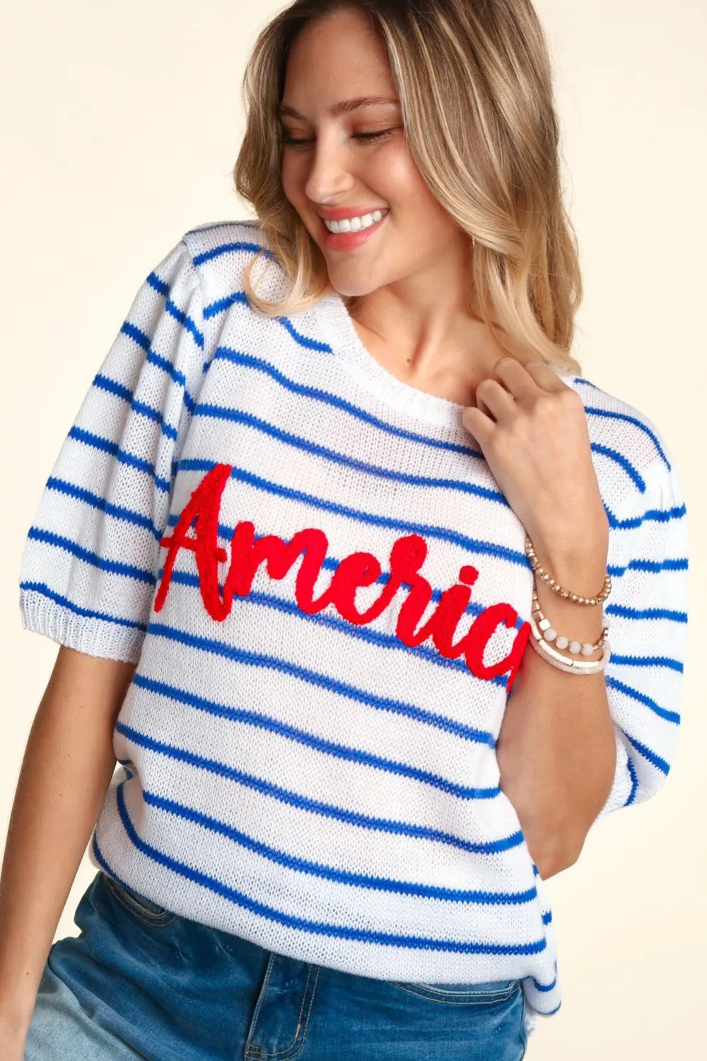 Letter Embroidery Striped Knit Top, image 4