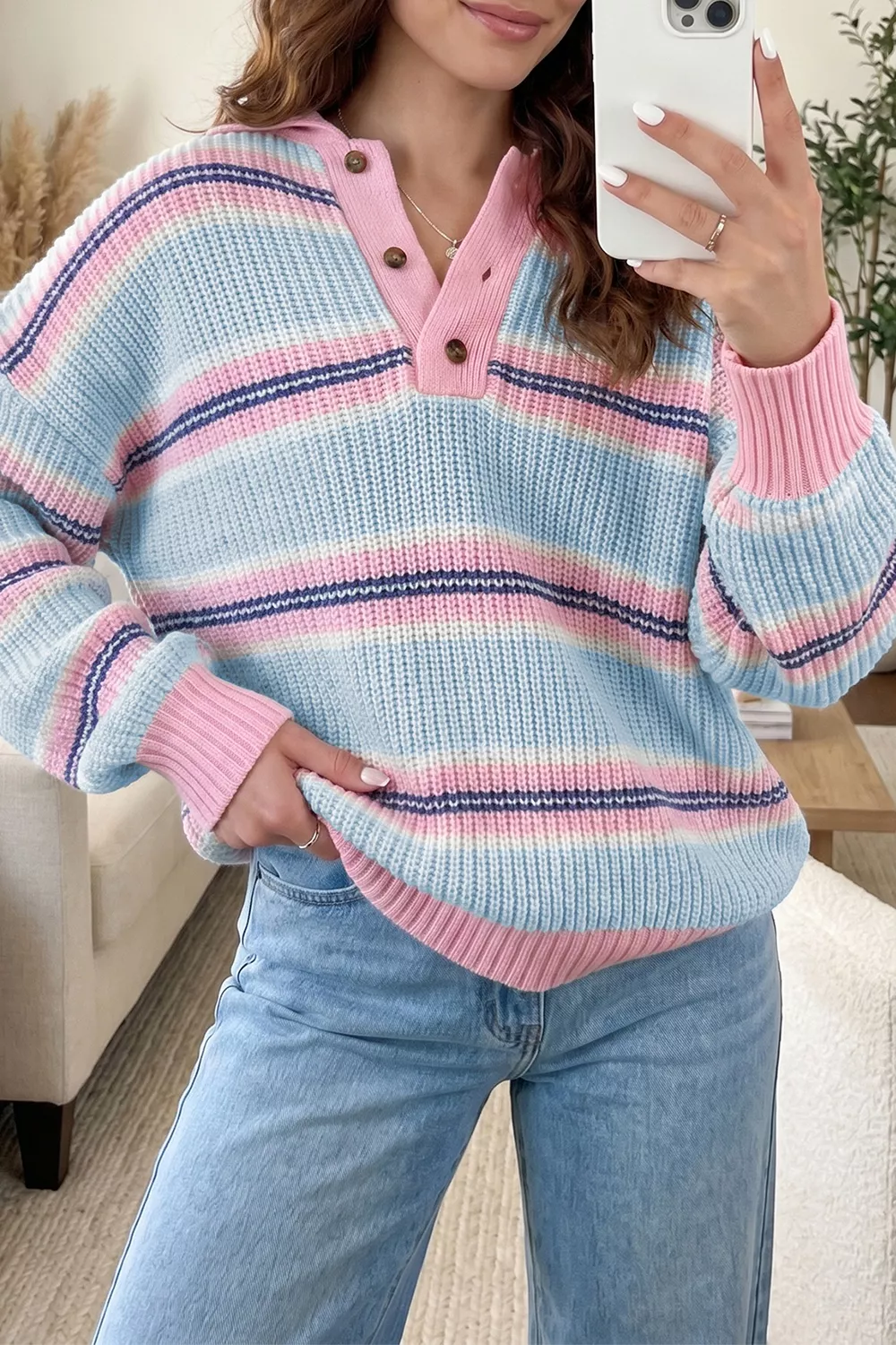 Stripe Striped Button Collar Long Sleeve Shift Fit Winter Knitwear Sweater, image 3